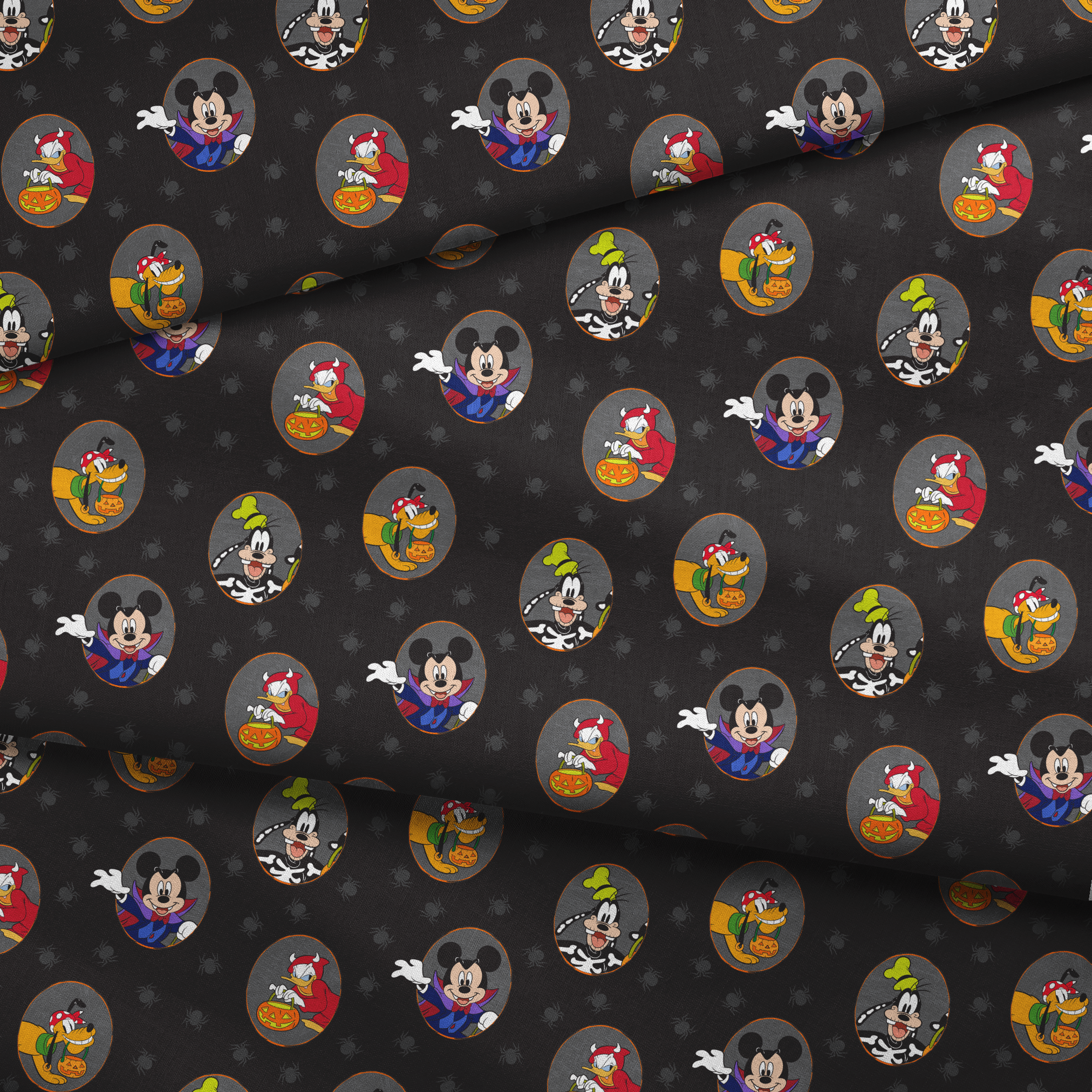 Disney characters in Halloween costumes on black background with spider pattern. Mickey as vampire, Donald with pumpkin, Pluto with candy. fabric fold mockup