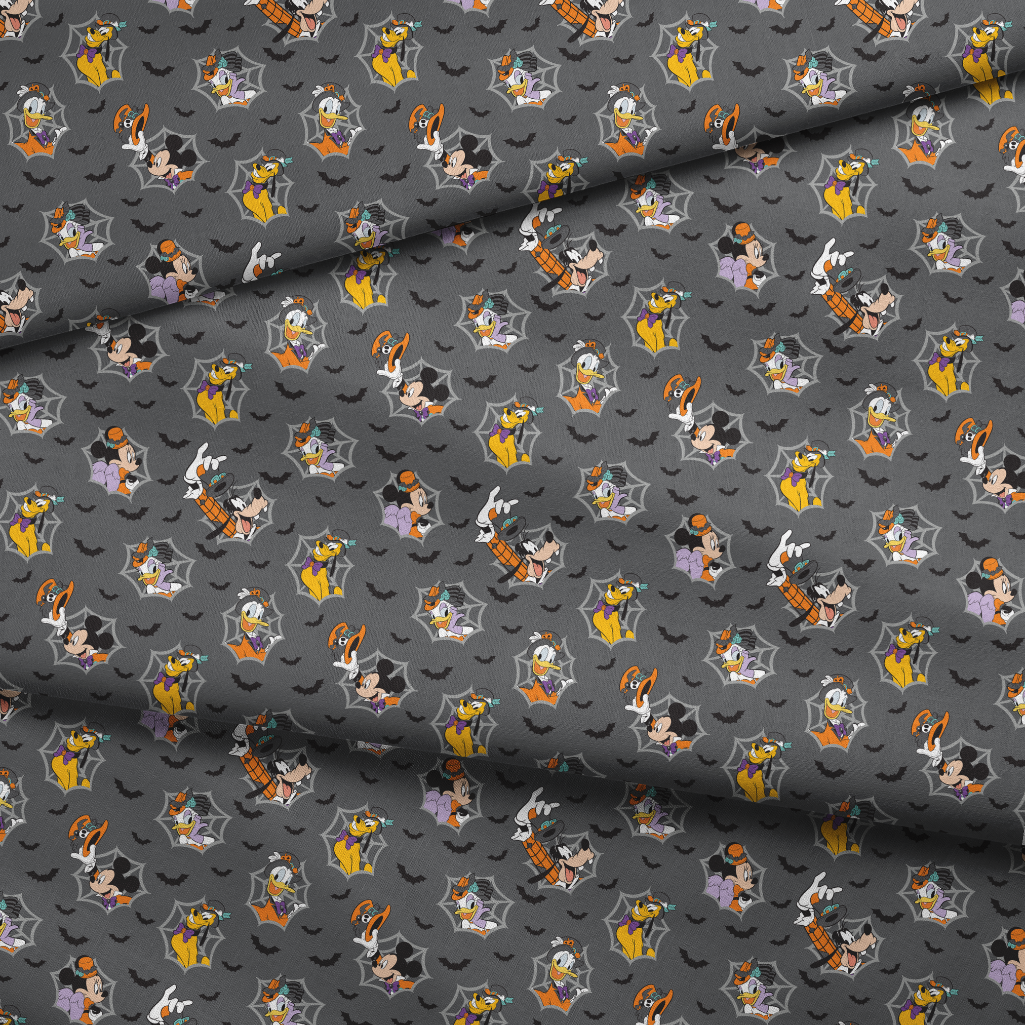 Disney cartoon characters in Halloween costumes on gray background with spider webs and bats fabric fold mockup