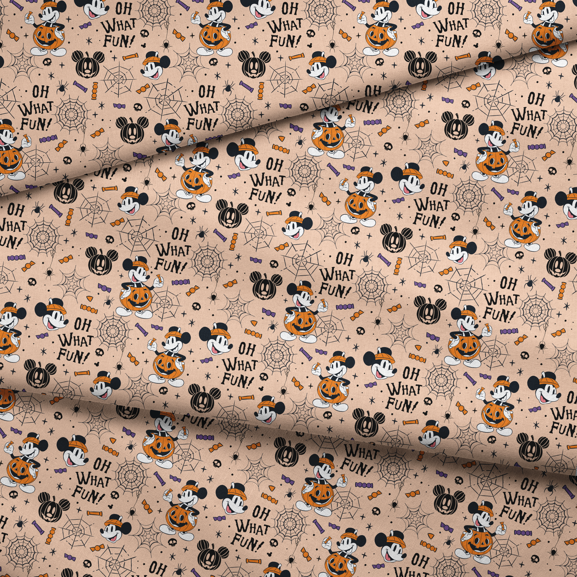 Halloween Mickey Mouse pattern with "OH WHAT FUN!" text, pumpkins, spiderwebs, and candy on beige background fabric fold mockup