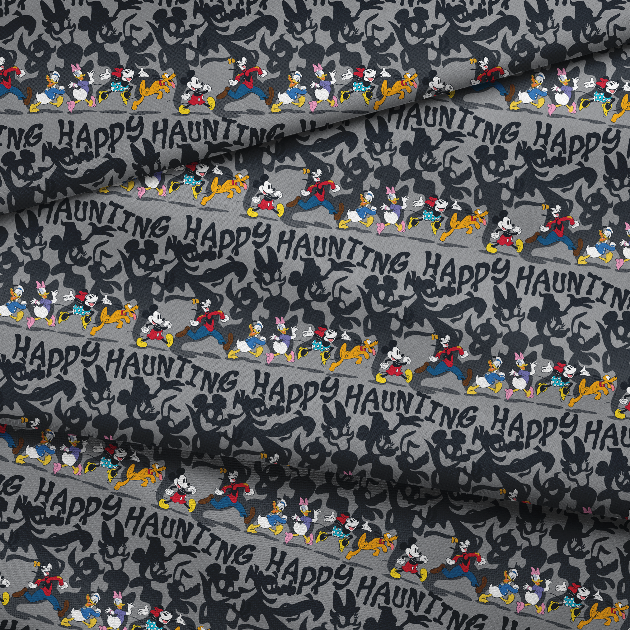 Classic Disney characters on dark gray background with "Happy Haunting" text, Mickey, Donald, and friends in Halloween-themed poses. fabric fold mockup