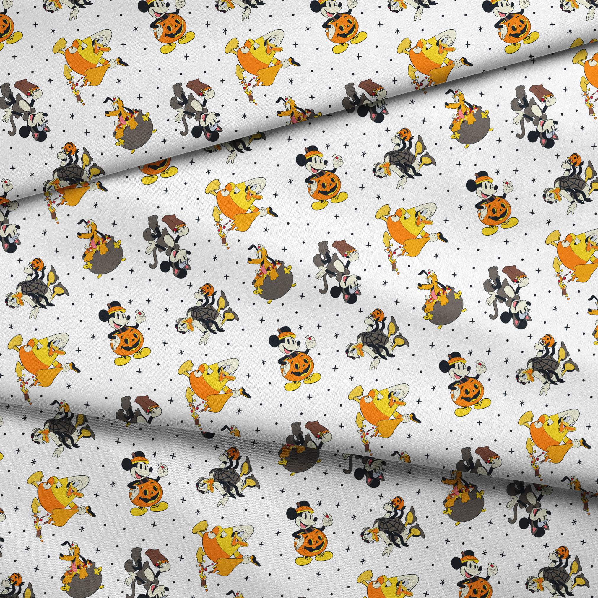 Disney characters in Halloween costumes on white background with stars - Mickey, Pluto, and friends in festive attire fabric fold mockup