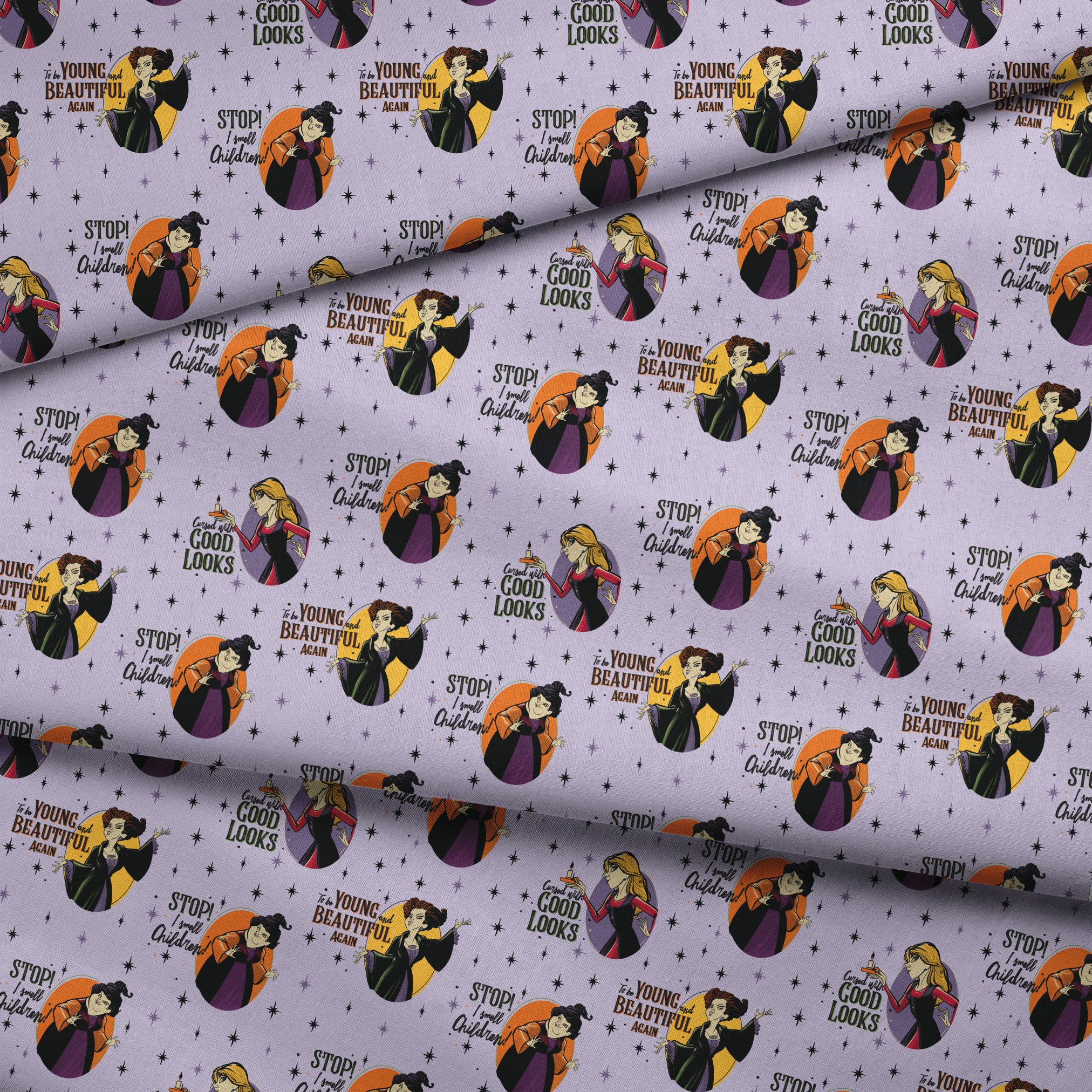 Disney villains pattern with circular portraits on purple starry background featuring animated characters and quote catchphrases fabric fold mockup