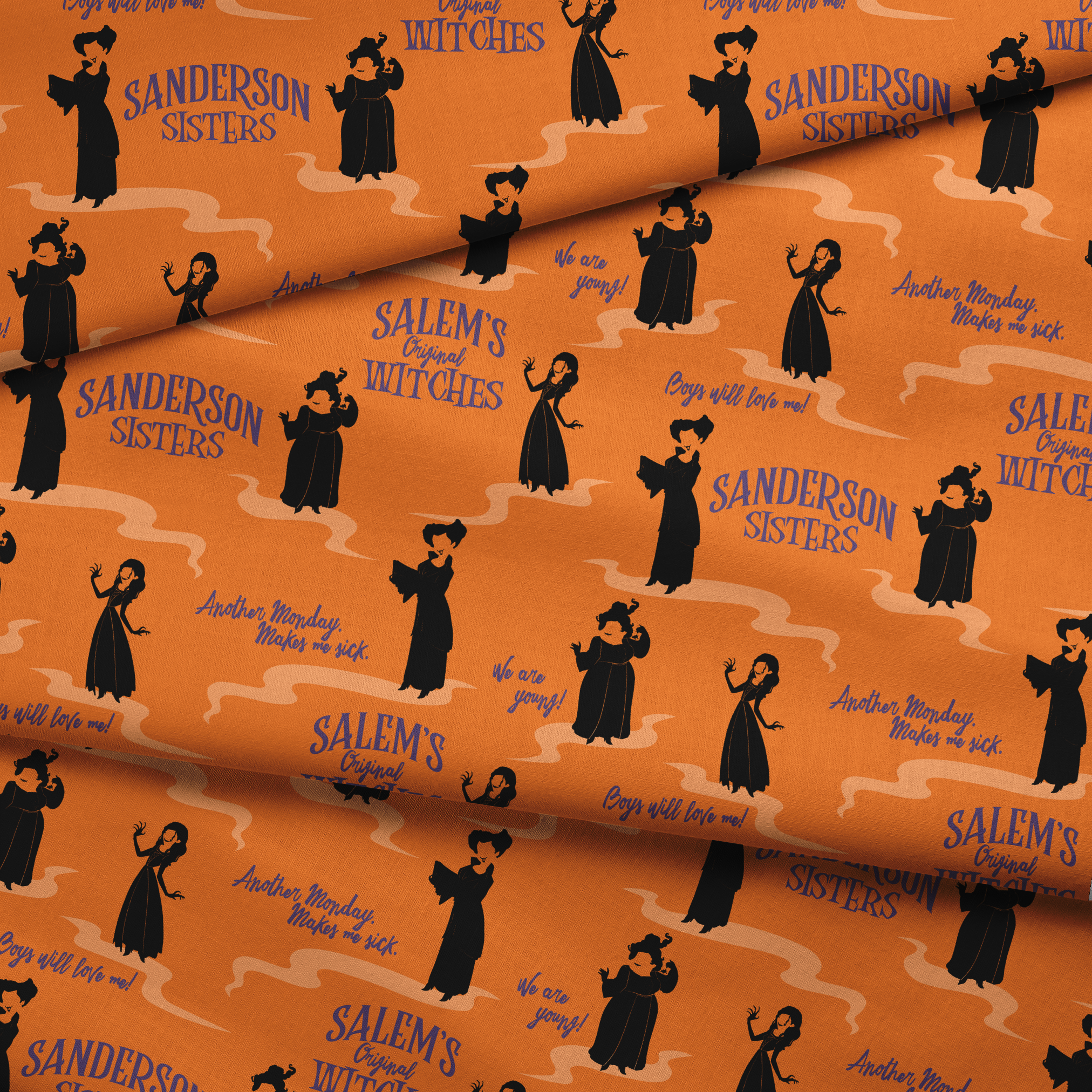 Orange background with silhouettes of witches in black robes and text "Sanderson Sisters" and "Salem's" in blue lettering fabric fold mockup
