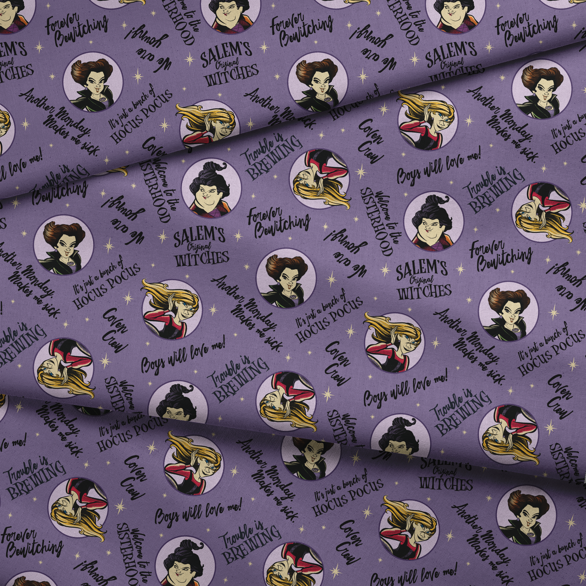 Purple background pattern with cartoon witches in circles, magical phrases and stars scattered throughout in black text fabric fold mockup