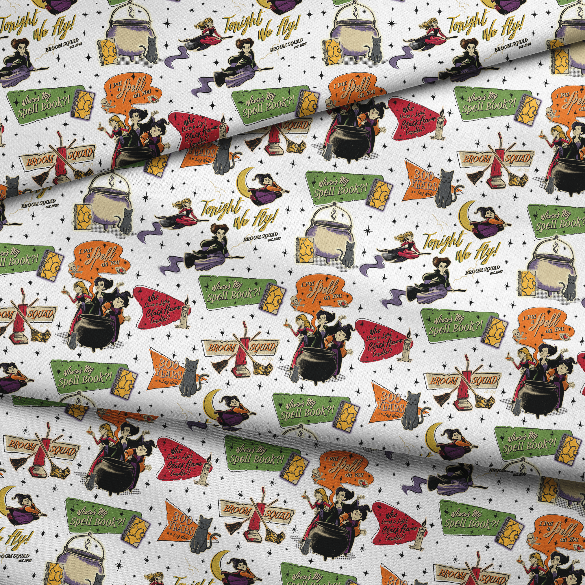 Halloween witch-themed pattern with spell books, cauldrons, brooms, stars, cats, potions and magical sayings on white background fabric fold mockup