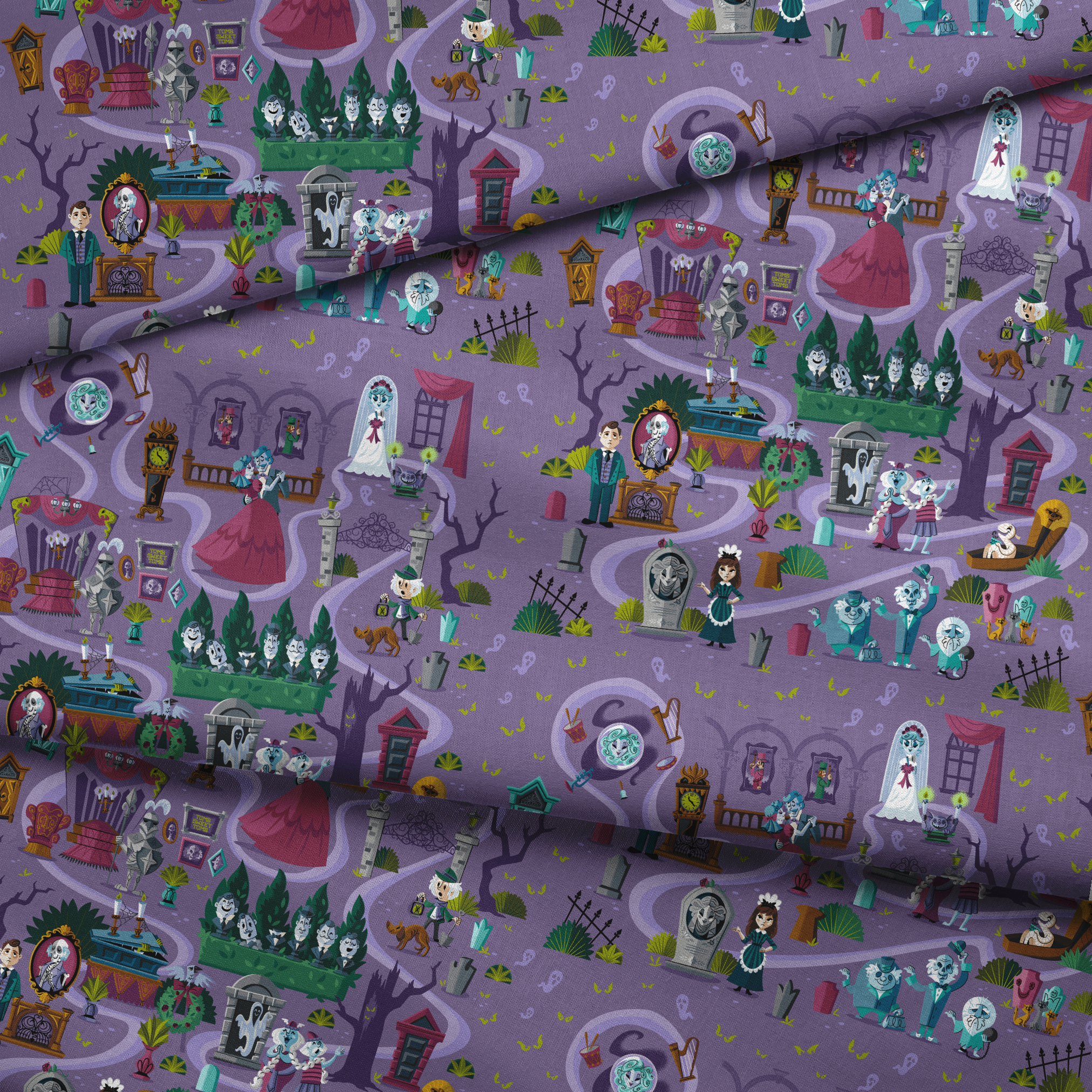 Colorful cartoon map of a spooky Halloween town with purple paths, ghosts, skeletons, and haunted houses. fabric fold mockup