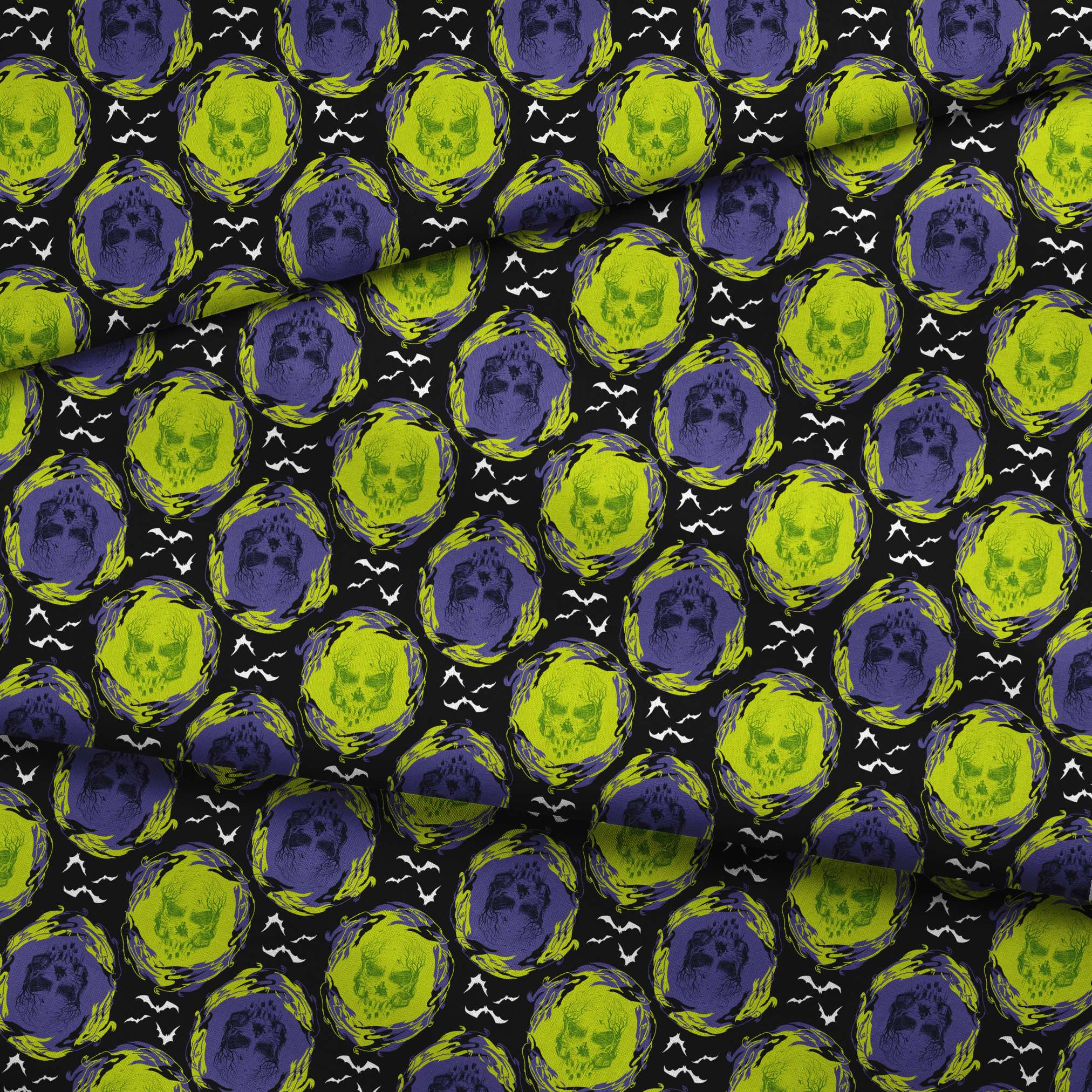 Repeating pattern of neon green and purple skulls with swirling effects on black background with white bats fabric fold mockup