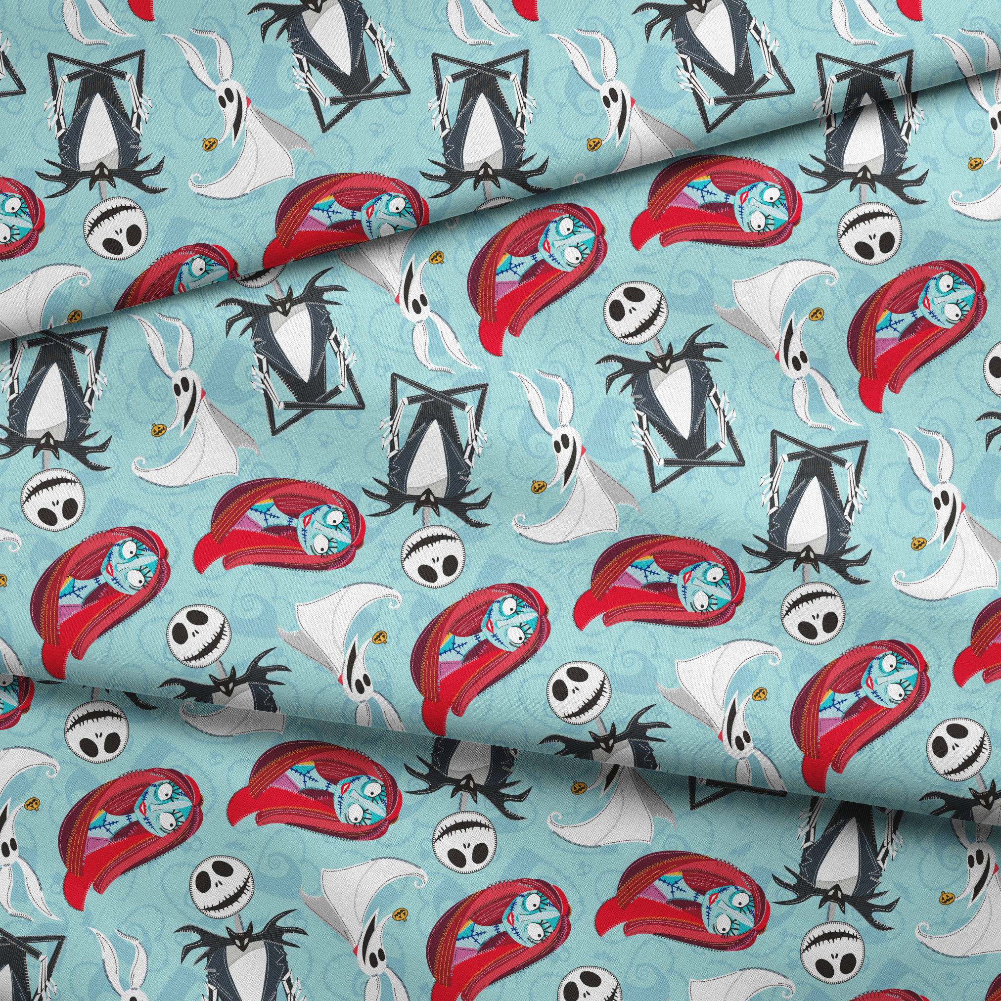 Nightmare Before Christmas pattern with Jack Skellington, Zero ghost dog, and coffin shapes on light blue background fabric fold mockup