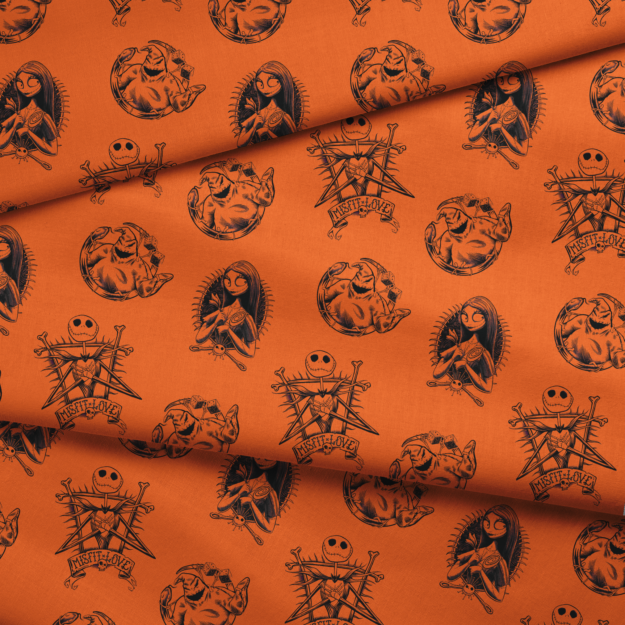 Halloween-themed pattern with spooky characters including Jack Skellington on bright orange background fabric fold mockup