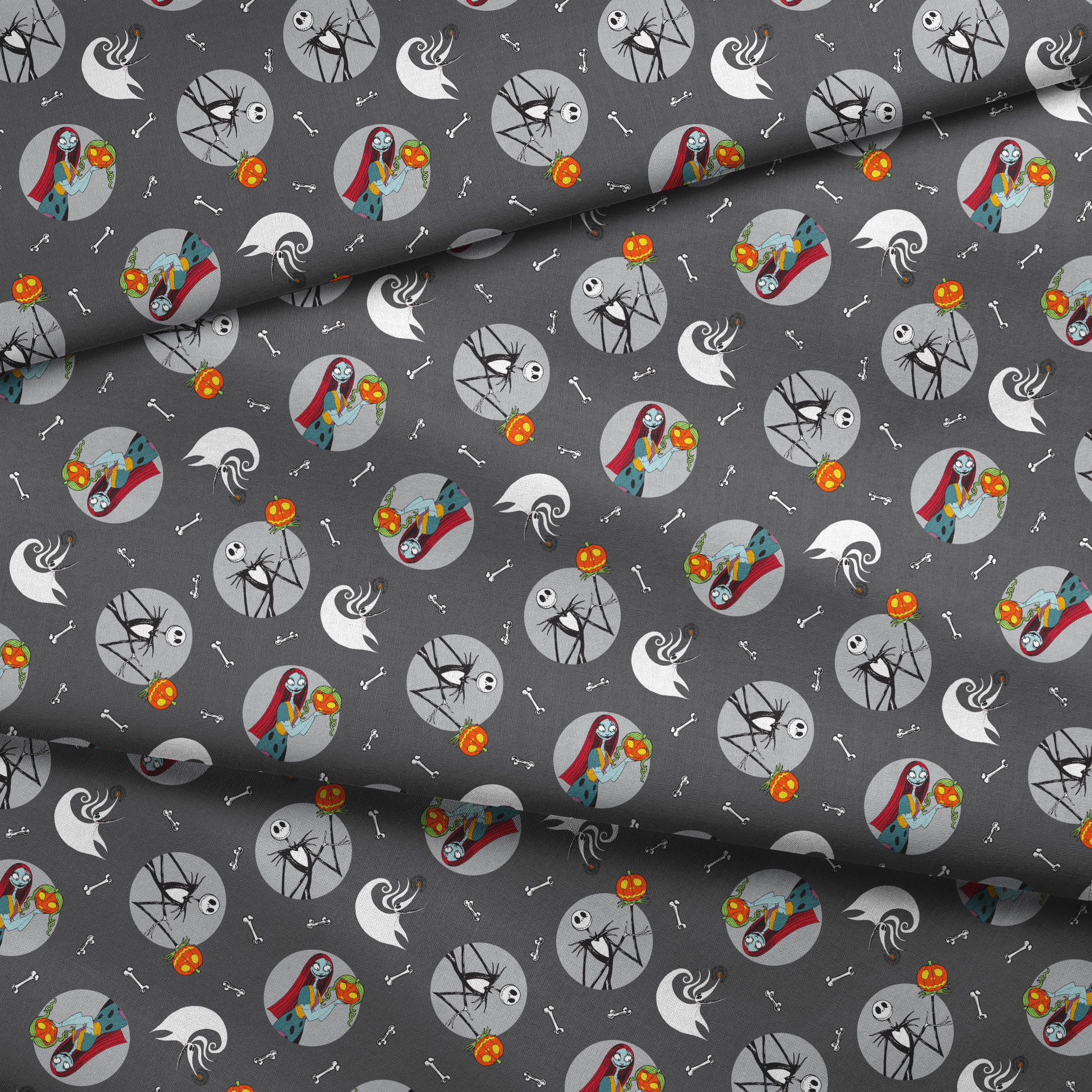 Nightmare Before Christmas themed pattern with Sally and Jack Skellington, pumpkins, bones, and ghostly designs on gray background fabric fold mockup