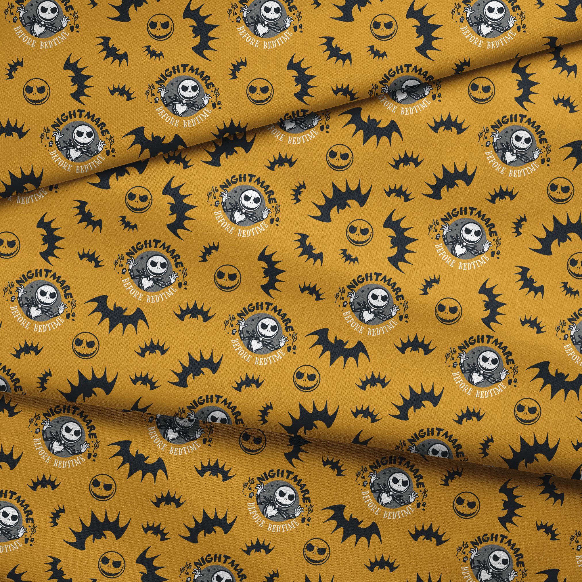 Halloween pattern with skeletal figure, "Nightmare" text, yellow background, black bats and smiling faces fabric fold mockup