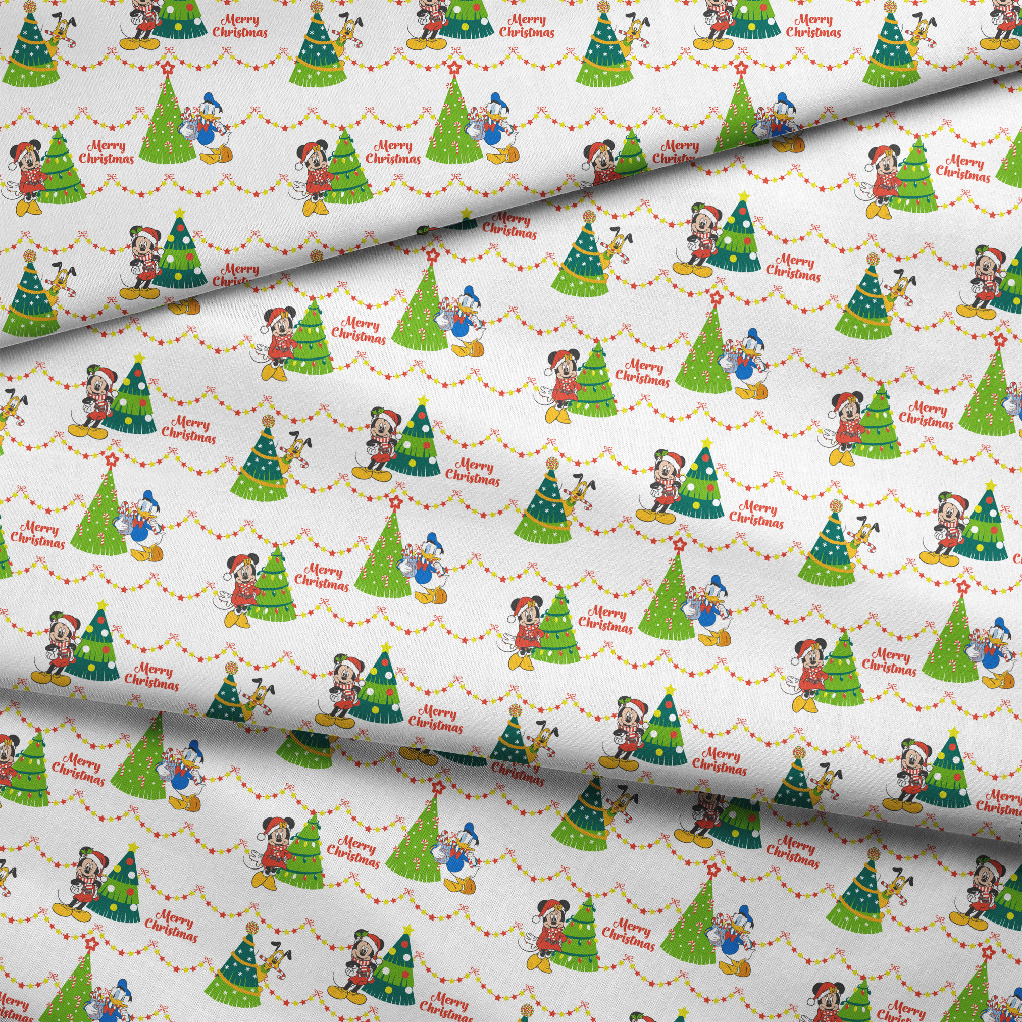 Disney Christmas pattern with Mickey, Minnie, and Donald beside decorated trees with star garland borders fabric fold mockup