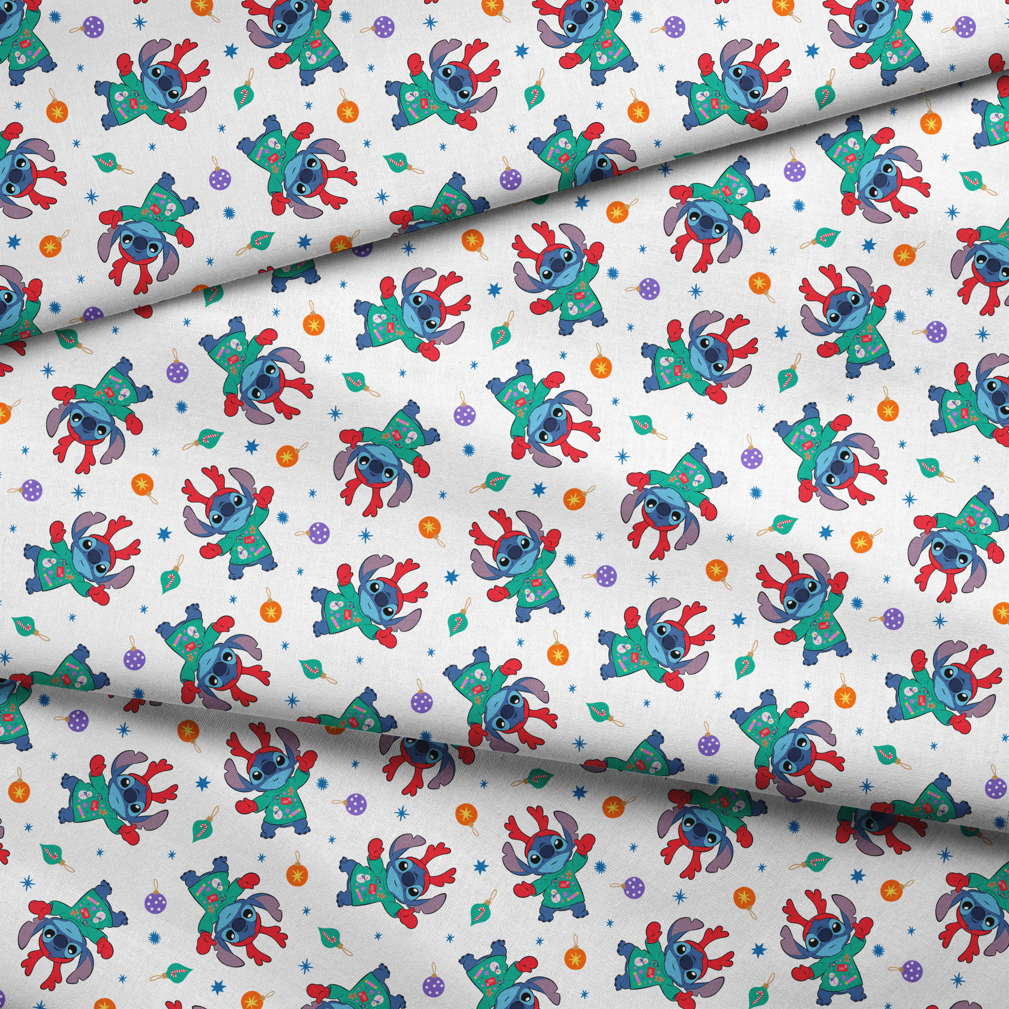 Disney's Stitch wearing green Christmas sweater and red scarf in repeating pattern with ornaments and stars. fabric fold mockup