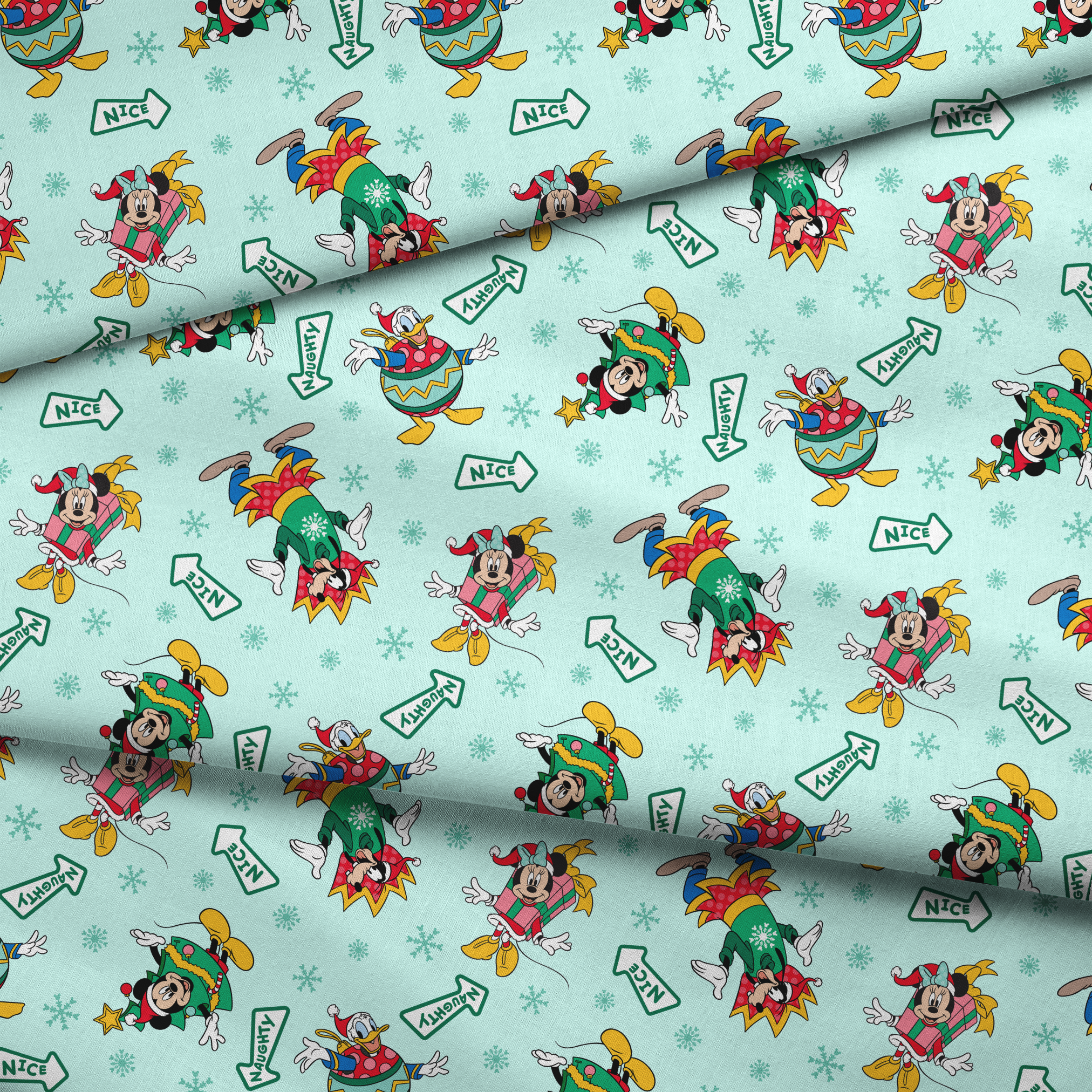Disney character pattern with Minnie and Mickey in festive holiday outfits on light blue background with snowflakes and "Nice" signs. fabric fold mockup