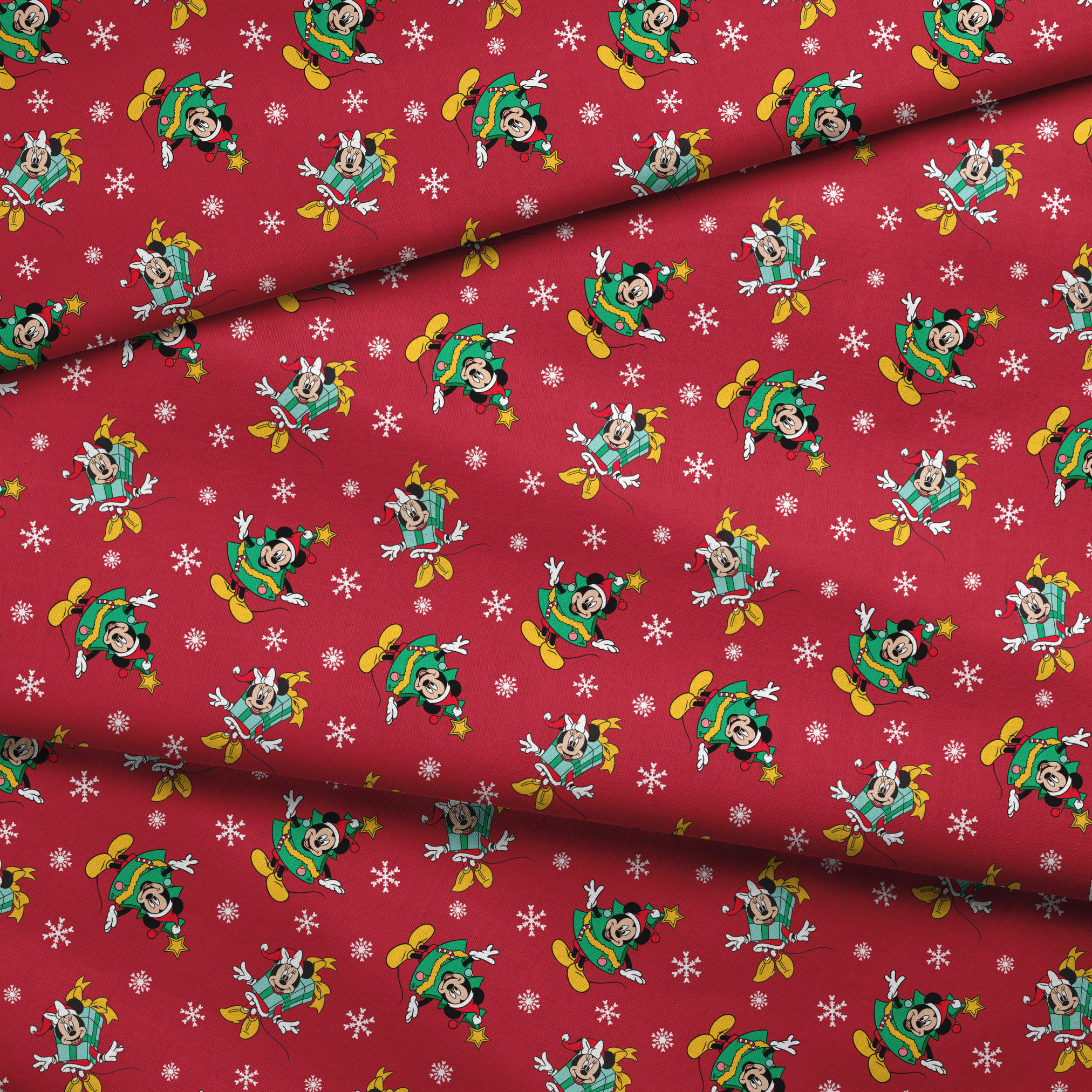 Disney characters in holiday outfits on red background with white snowflakes fabric fold mockup
