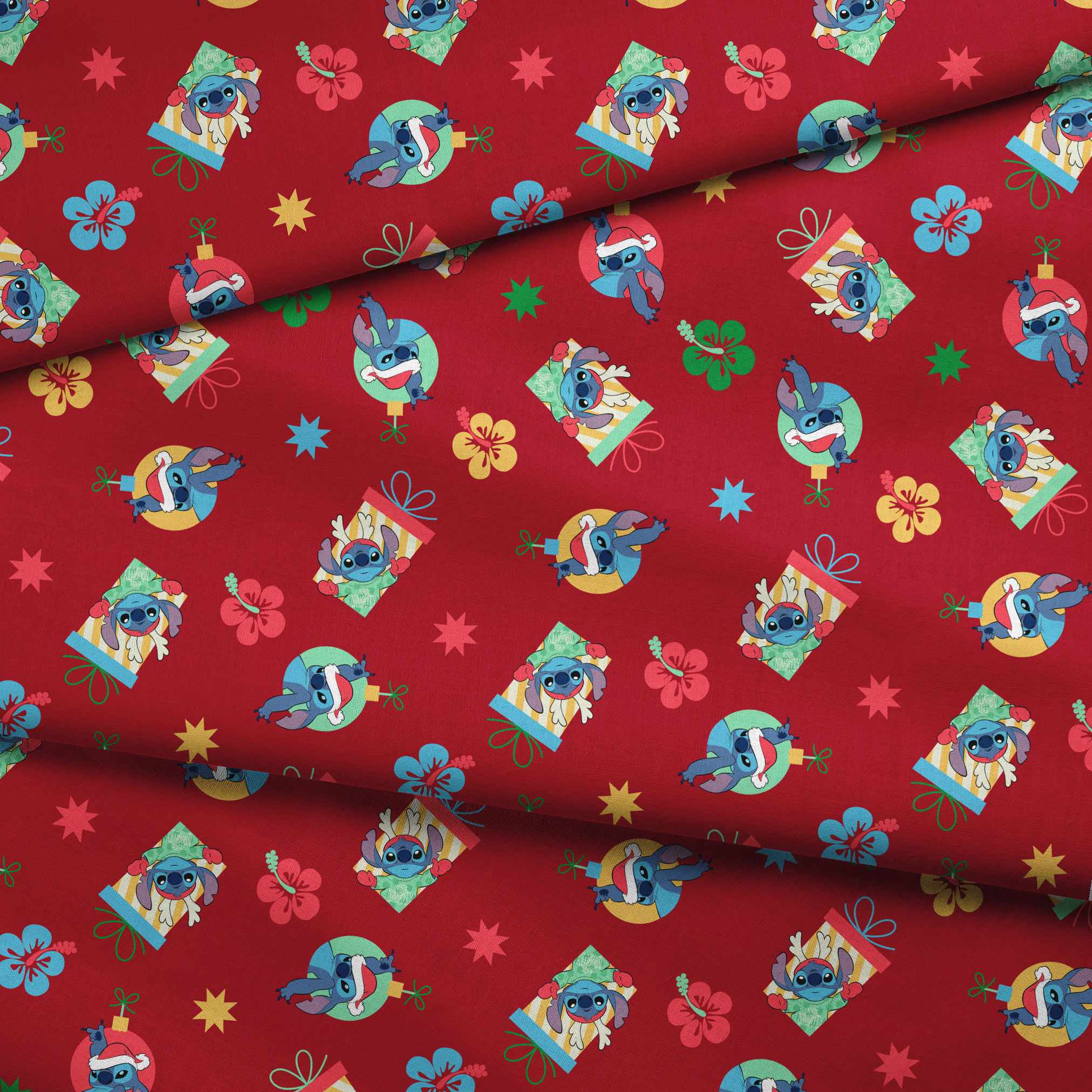 Disney Stitch pattern on red background with flowers and decorative elements fabric fold mockup