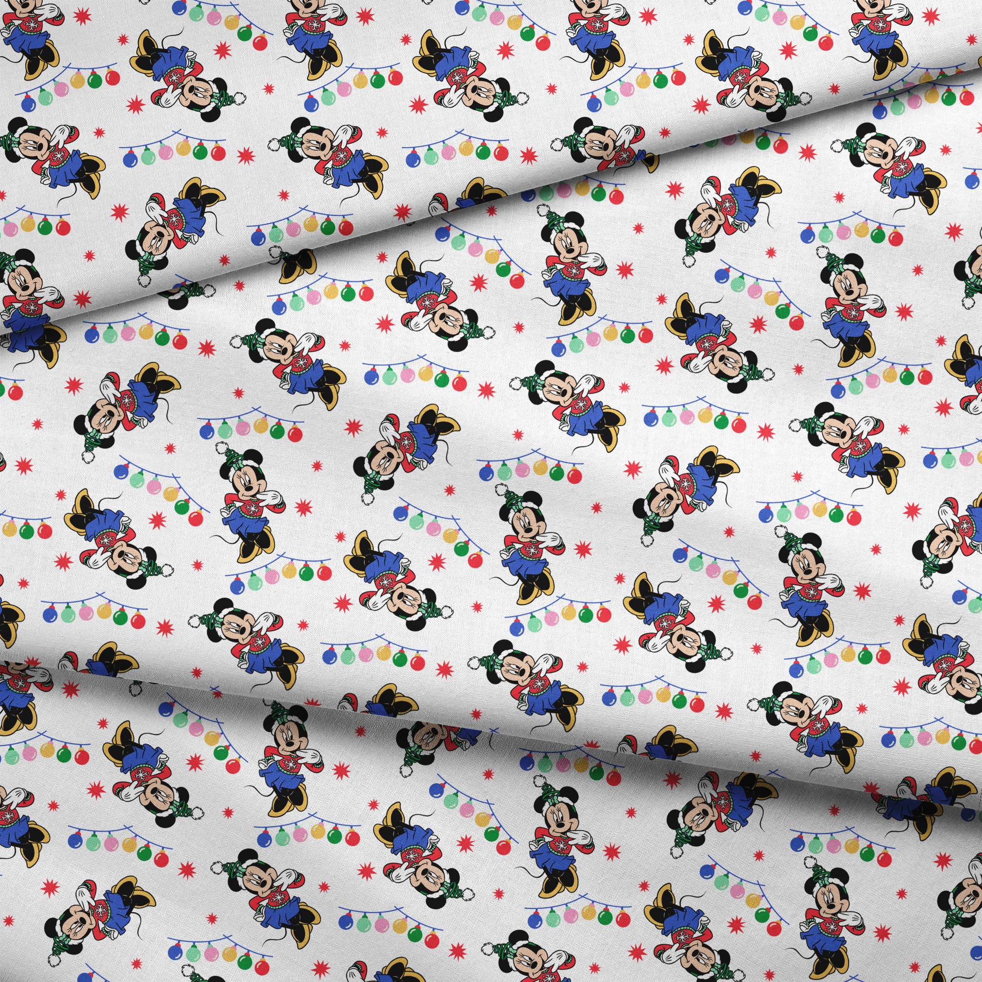 Minnie Mouse in Santa hats with blue outfits surrounded by colorful string lights and red stars on white background fabric fold mockup