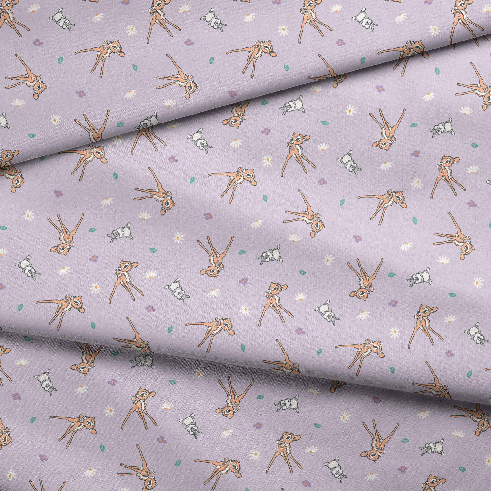 Seamless pattern of cartoon deer and bunnies with daisies and small flowers on lavender background fabric fold mockup