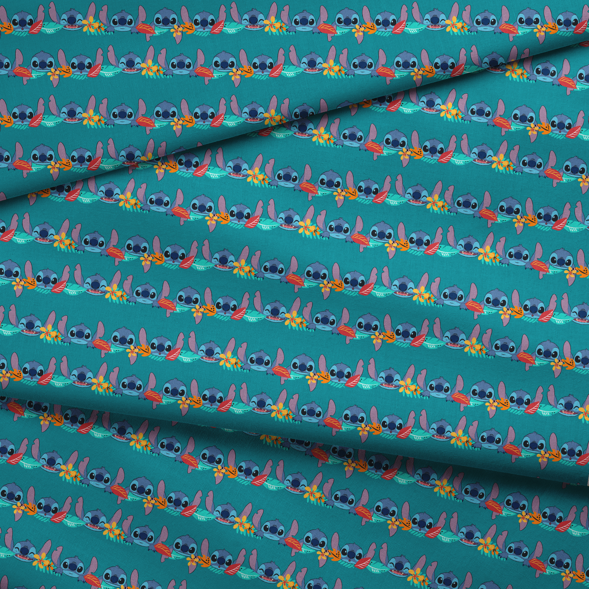 Repeating stripe design with Disney’s Stitch peeking between rows of tropical hibiscus flowers and colorful leaves on a teal background. fabric fold mockup