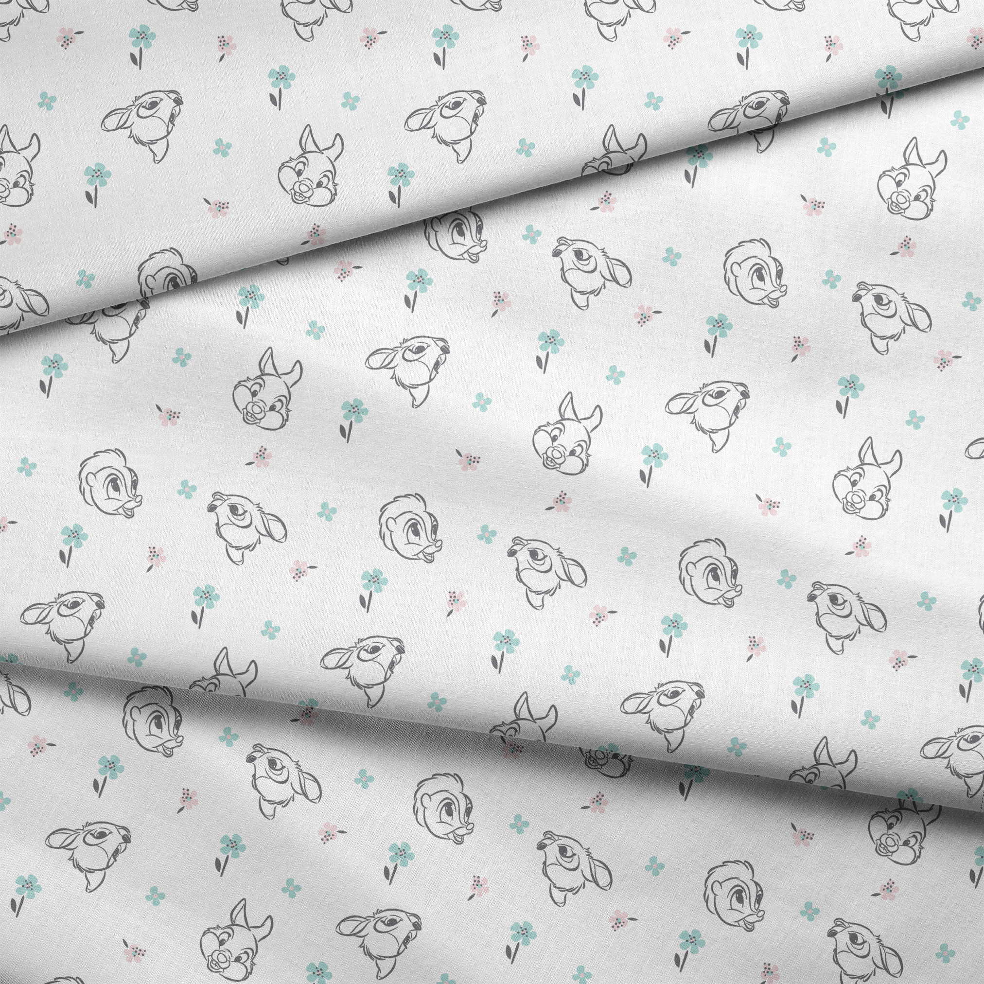 Sketch-style animals from Disney Bambi with pastel flowers on a white background. fabric fold mockup