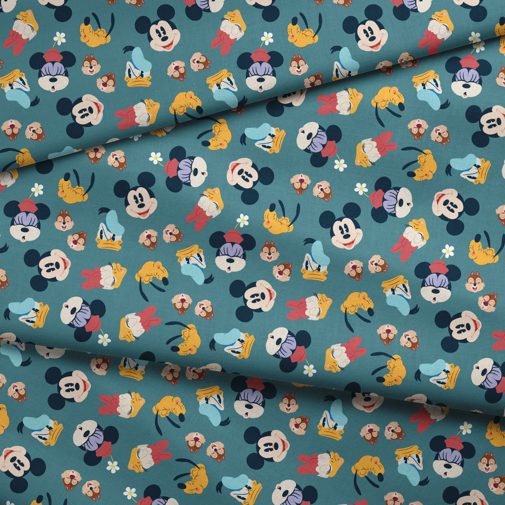 Disney cartoon characters pattern with Mickey Mouse, Donald Duck, and Pluto on teal background with small flowers fabric fold mockup