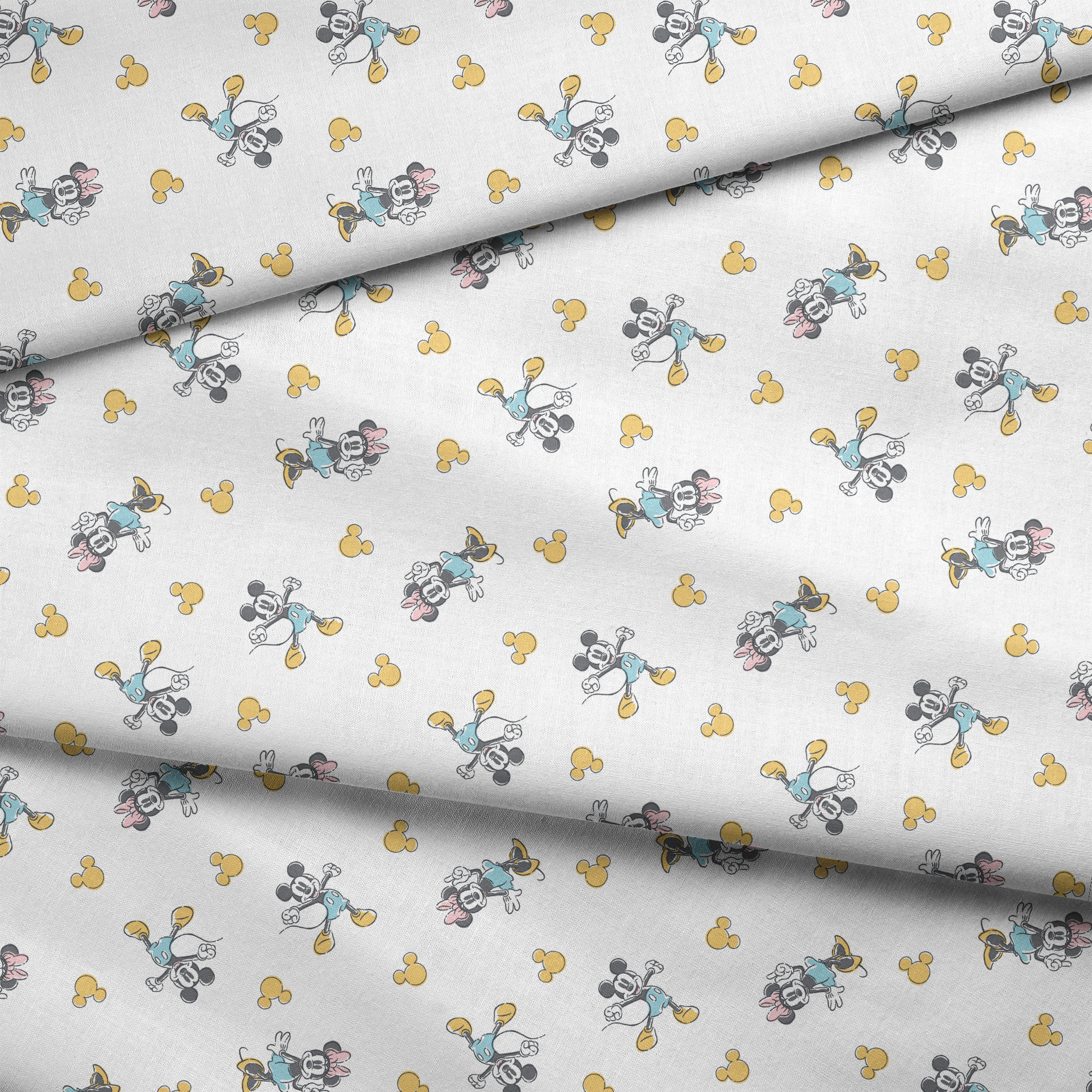 Mickey Mouse characters in light blue outfits scattered on white background with yellow Mickey silhouettes fabric fold mockup