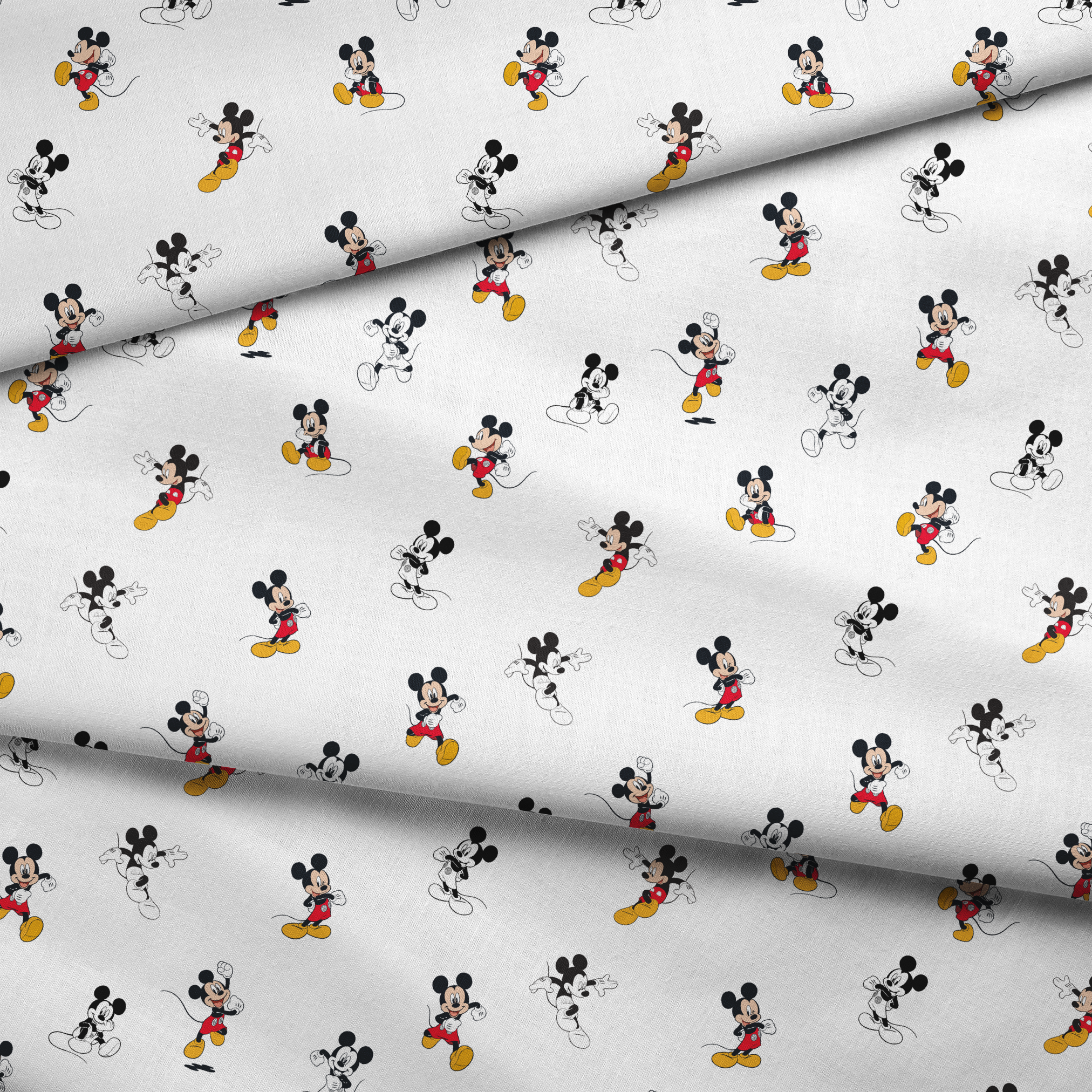 Repeating pattern of Mickey Mouse cartoon characters in various poses on white background fabric fold mockup
