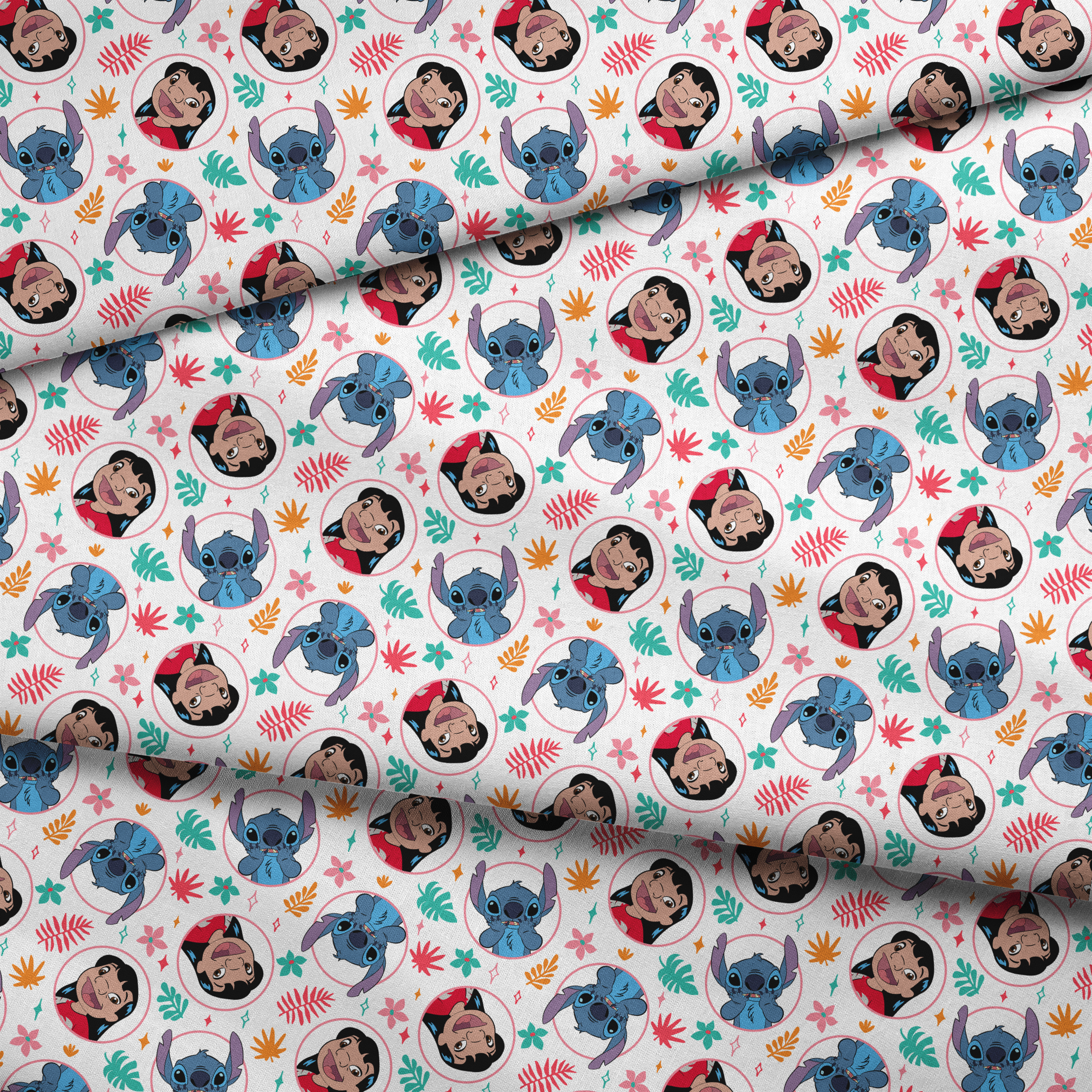 Colorful cartoon pattern with Lilo and Stitch in circles, surrounded by tropical leaves and stars fabric fold mockup
