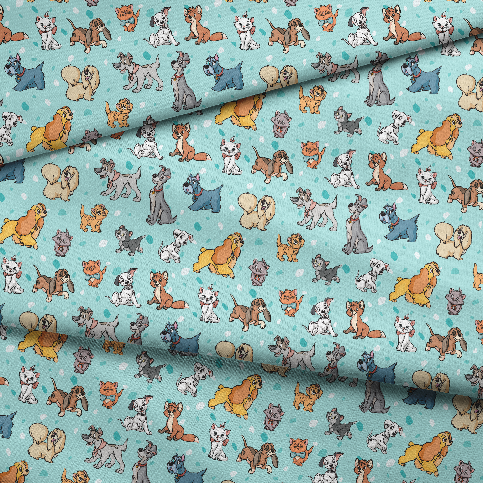 Cartoon-style Disney dogs and cats on a light blue background with scattered spots. fabric fold mockup