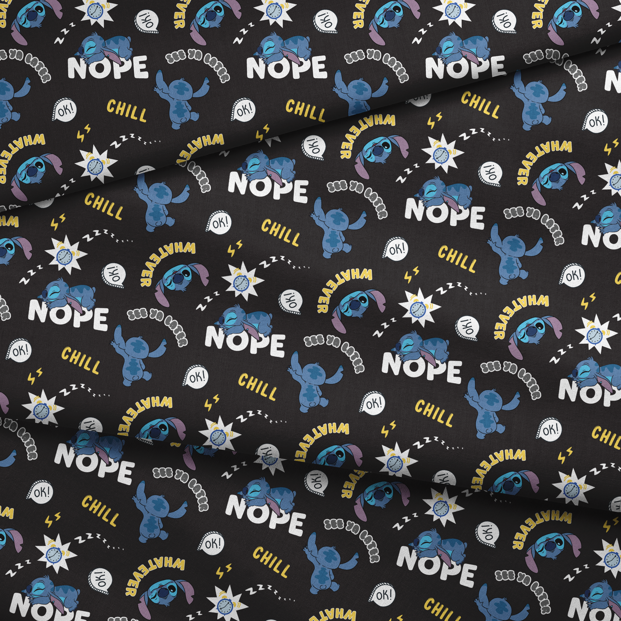 Disney Stitch pattern on black background with text "NOPE," "CHILL," "OK!" and sleep symbols fabric fold mockup