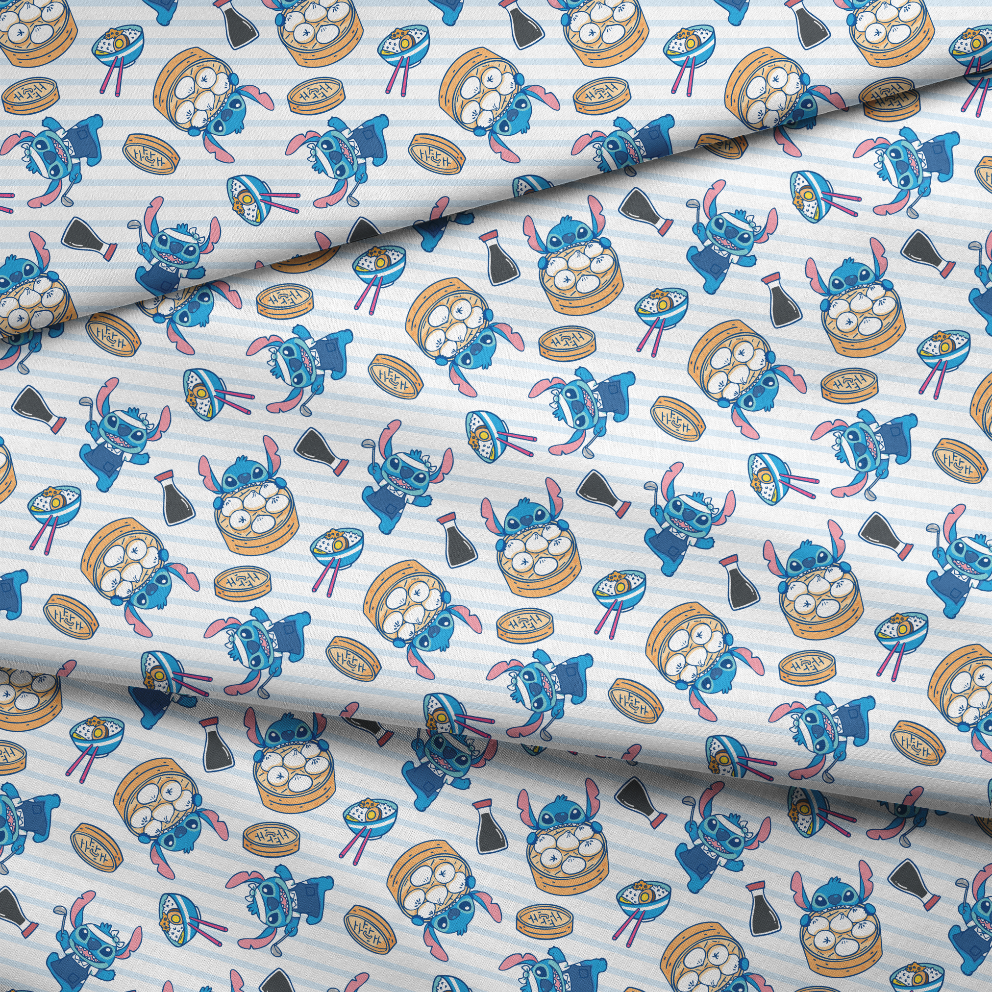 Cartoon Stitch with Chinese dim sum and dumplings on light blue striped background fabric fold mockup