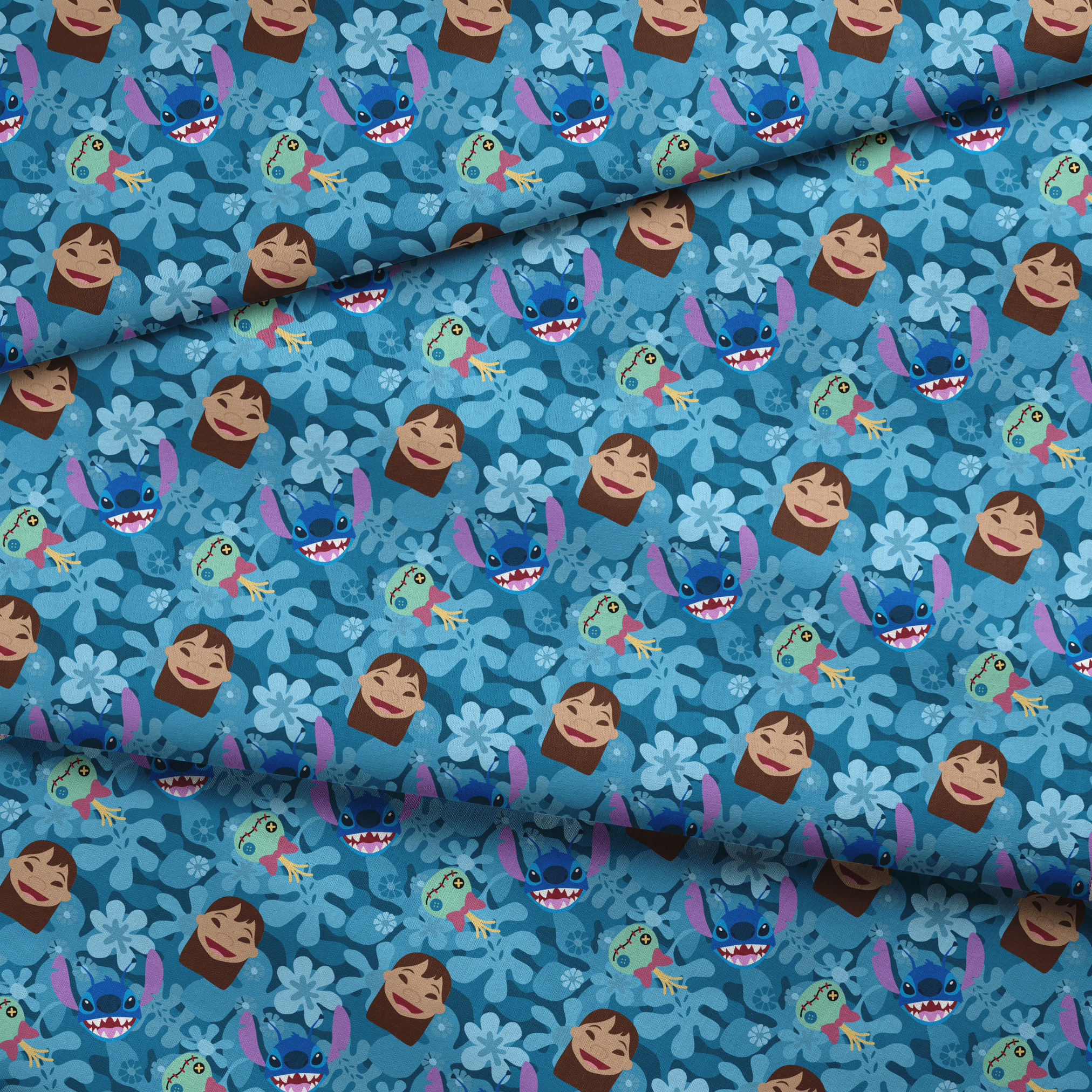 Disney's Stitch among floral elements and smiling faces on turquoise background fabric fold mockup