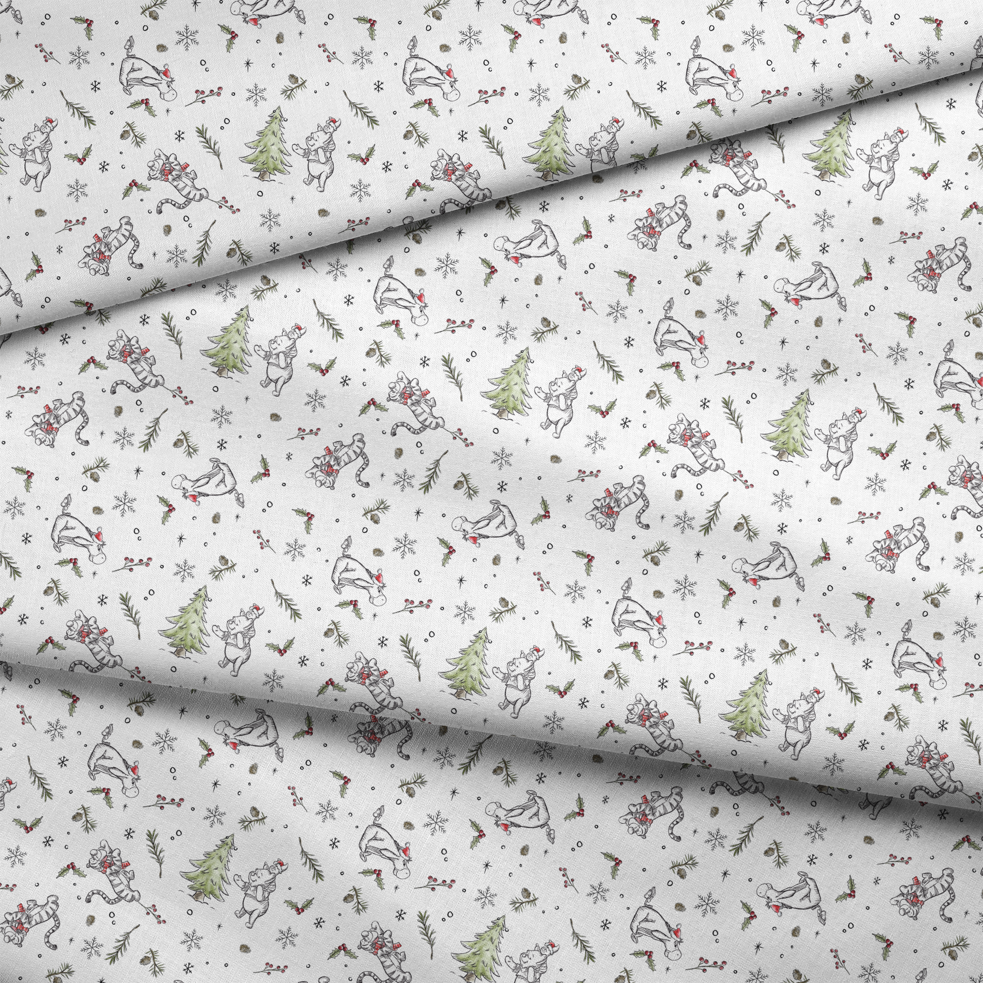Delicate white winter pattern with cartoon mice, pine trees, holly berries, and snowflakes fabric fold mockup