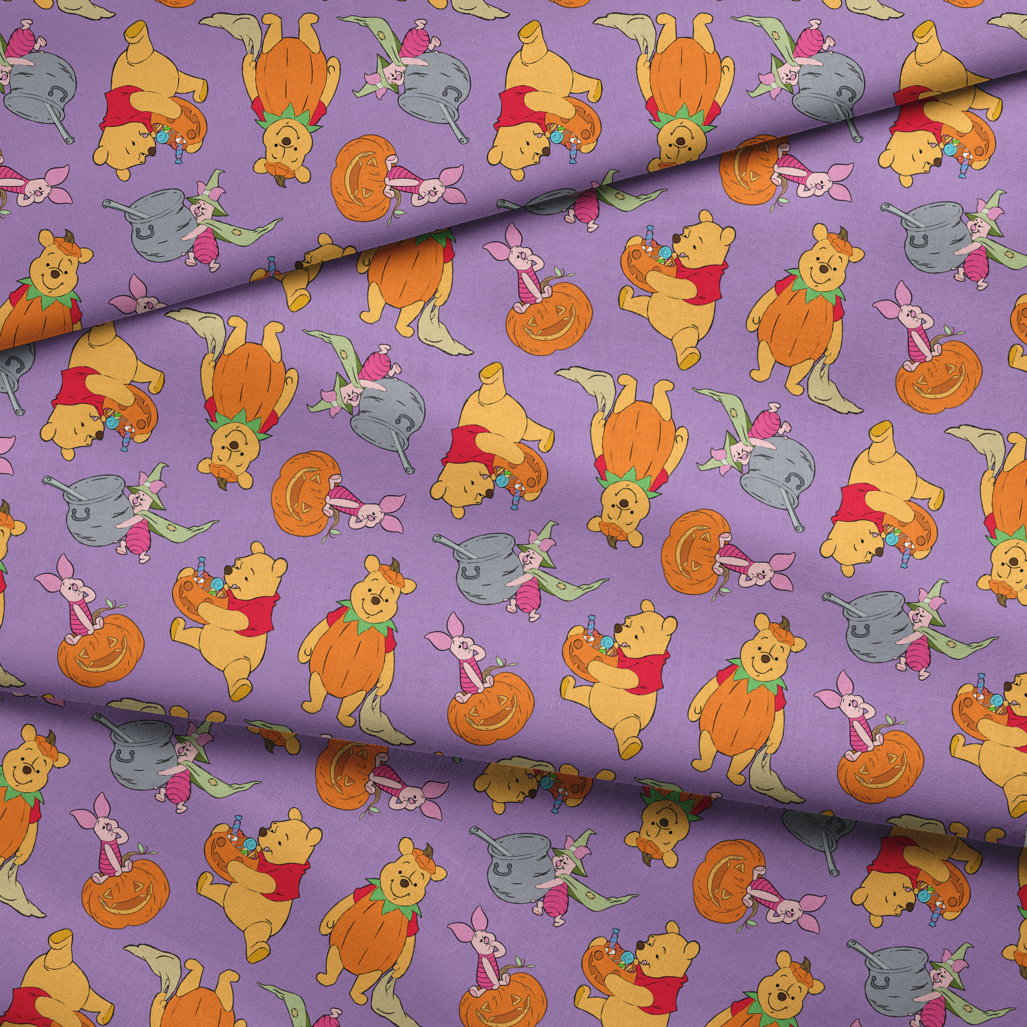 Whimsical Winnie the Pooh pattern with Piglet and Eeyore on purple background with pumpkins fabric fold mockup