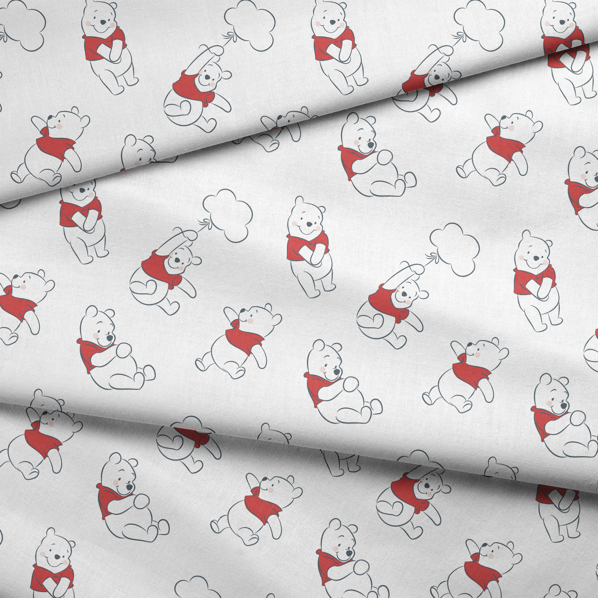Illustration pattern of Winnie the Pooh in different poses wearing a red shirt on white background fabric fold mockup