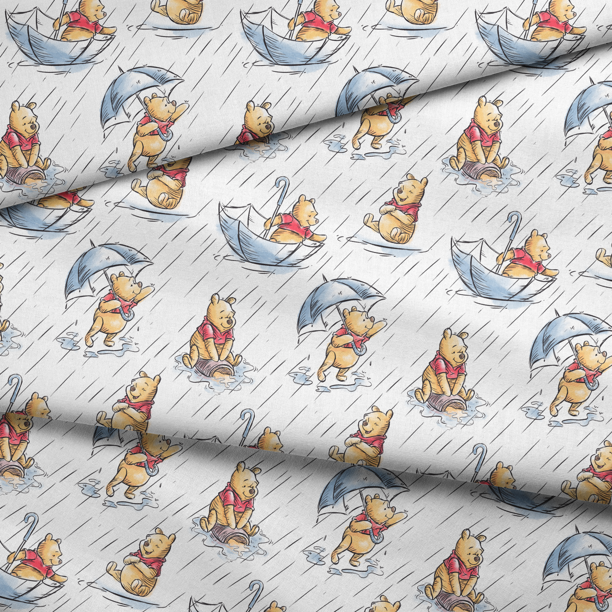 Small bear characters in a rainy scene - some holding umbrellas, others in paper boats, wearing red shirts fabric fold mockup