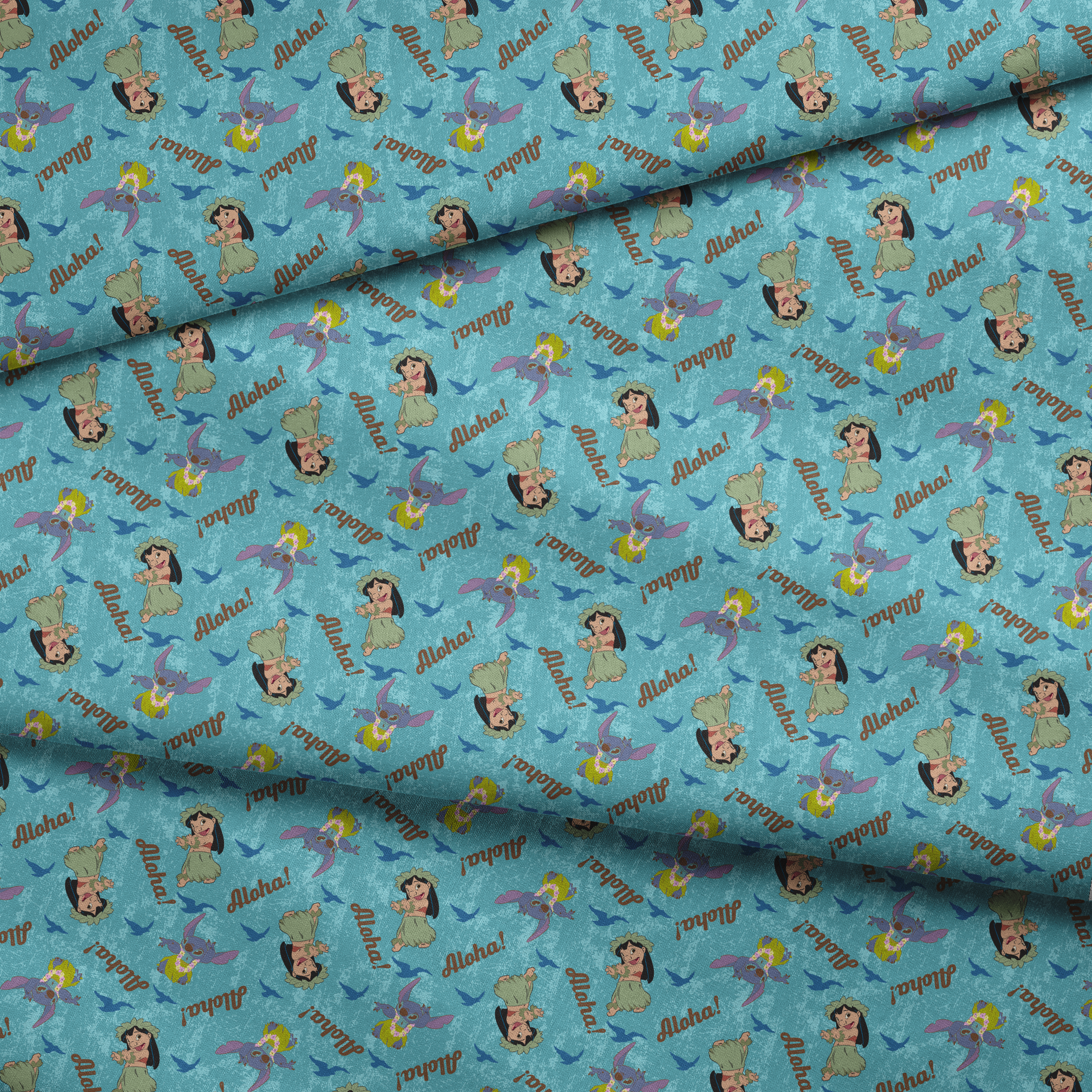 Lilo and Stitch pattern on turquoise background with "Aloha!" text and blue silhouettes fabric fold mockup