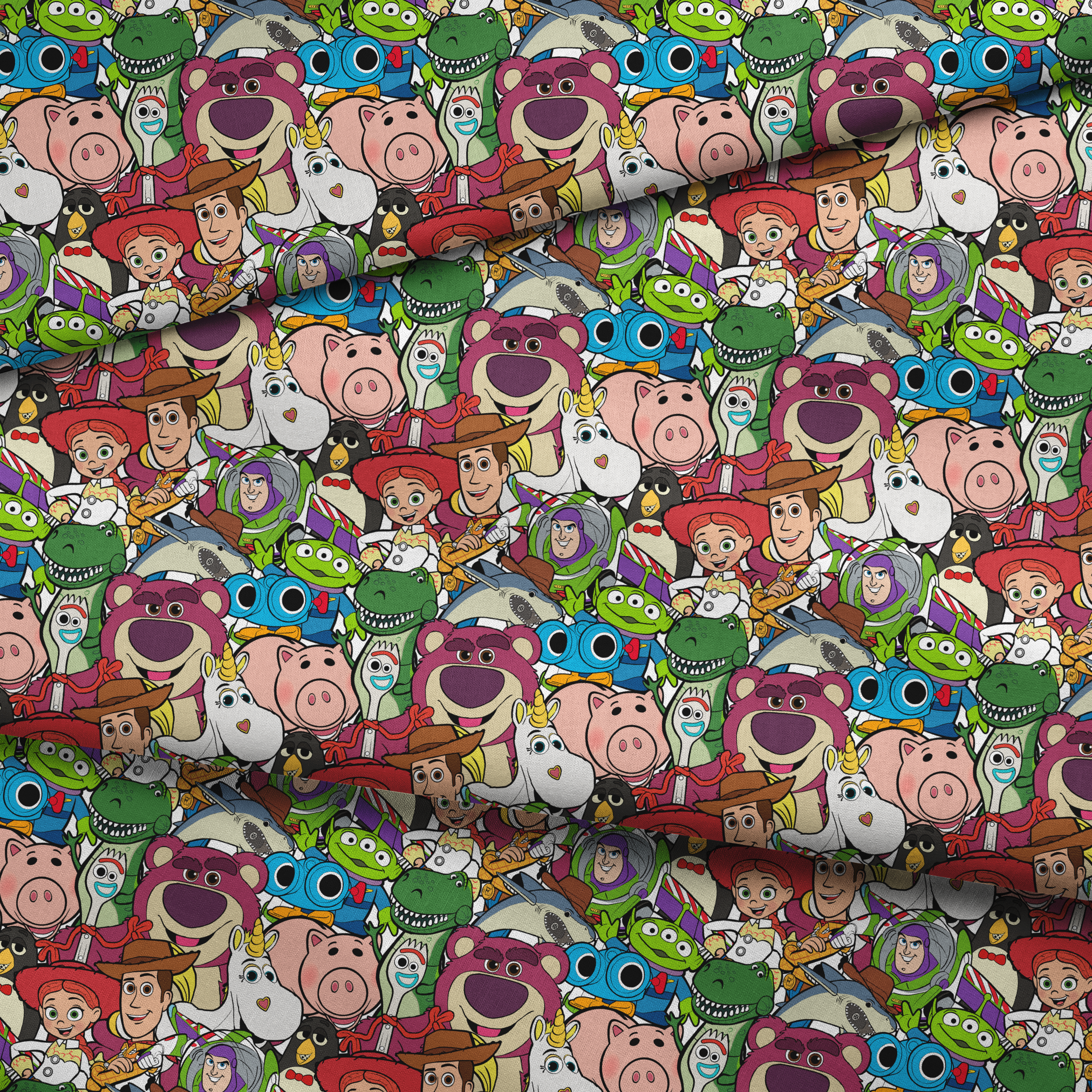 Colorful collage of Pixar and Disney animated characters including Toy Story, Monsters Inc, and other iconic cartoon figures fabric fold mockup