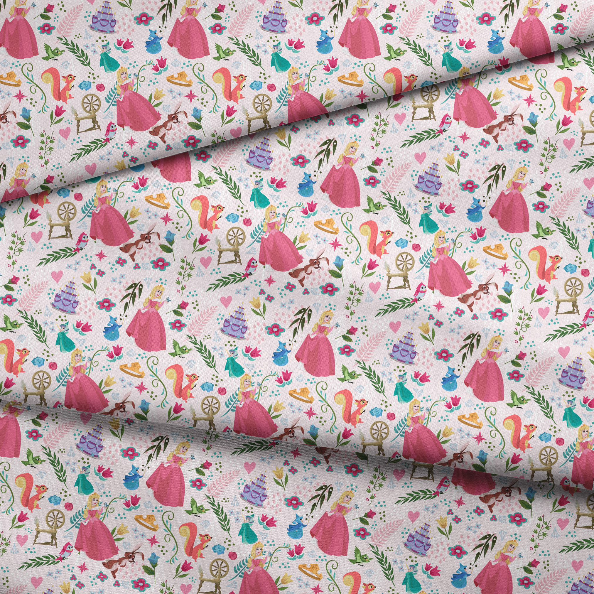 Colorful Sleeping Beauty pattern with Aurora, animals, flowers, spinning wheel, and cake on light background fabric fold mockup