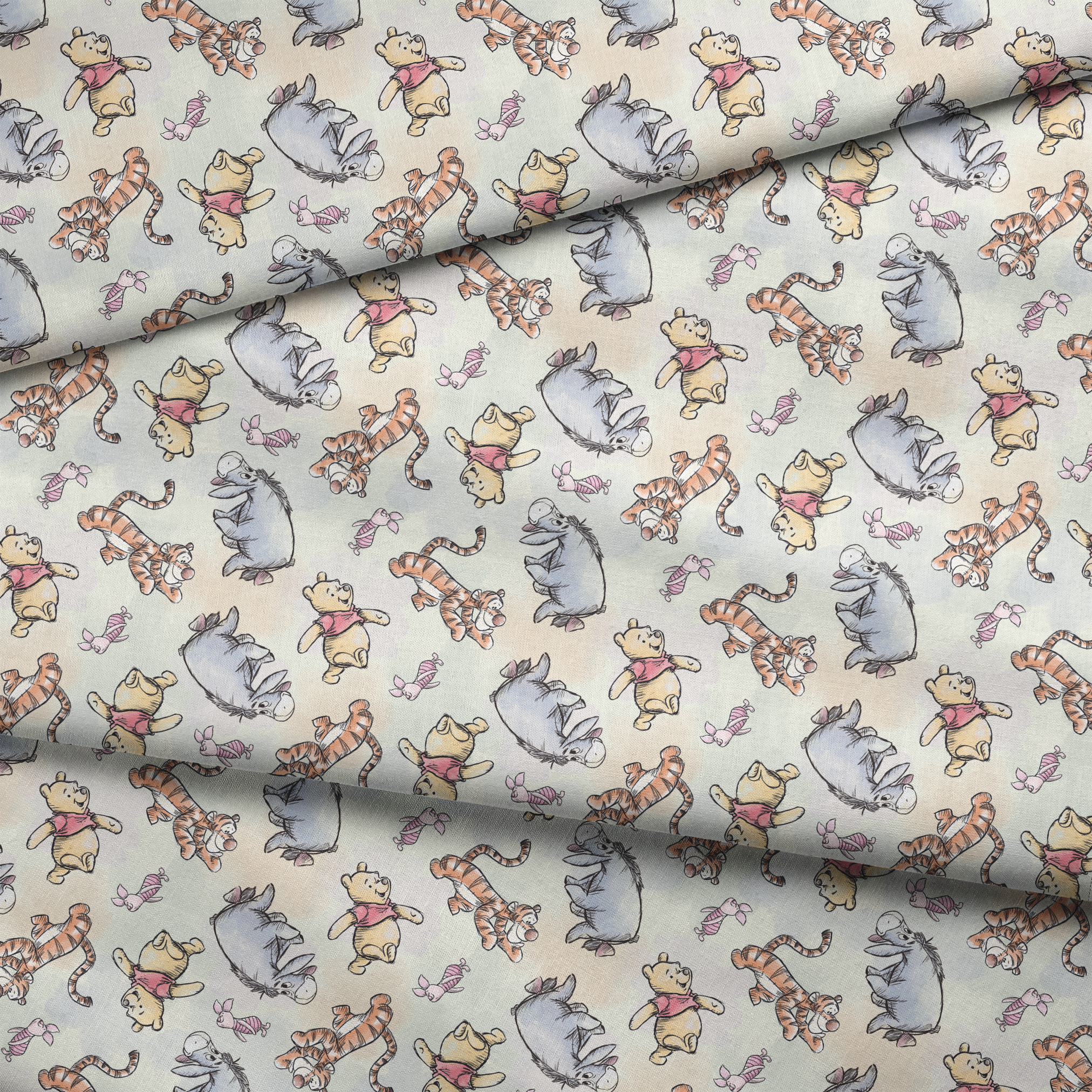Whimsical pattern featuring cartoon bears in red shirts with bouncing tigers and small pink chara... fabric fold mockup