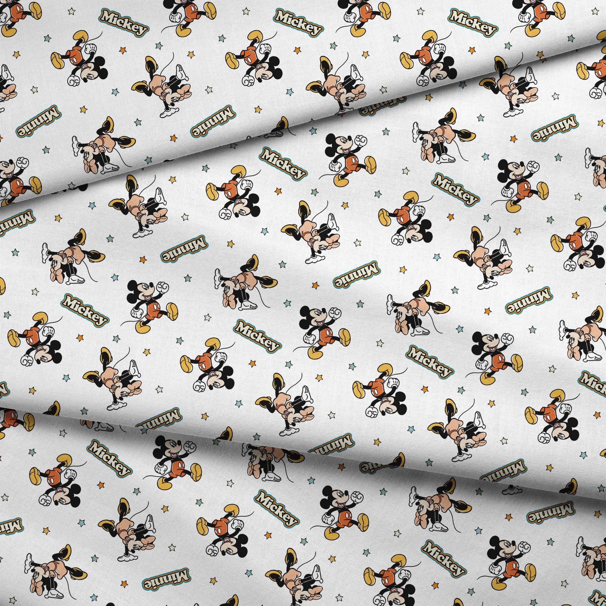 Pattern of cartoon Disney characters including Mickey Mouse and Minnie with yellow stars on white background fabric fold mockup