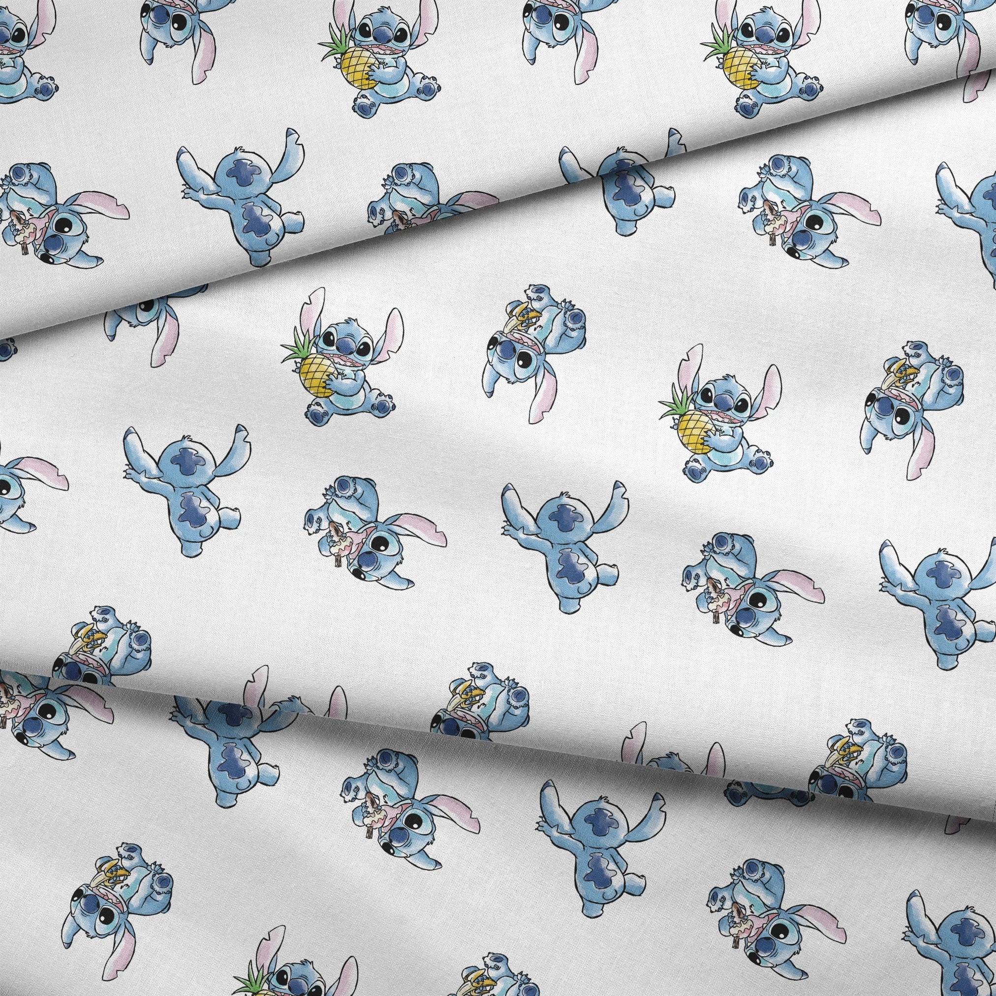 Disney's Stitch in various playful poses, some holding pineapples, on white background fabric fold mockup
