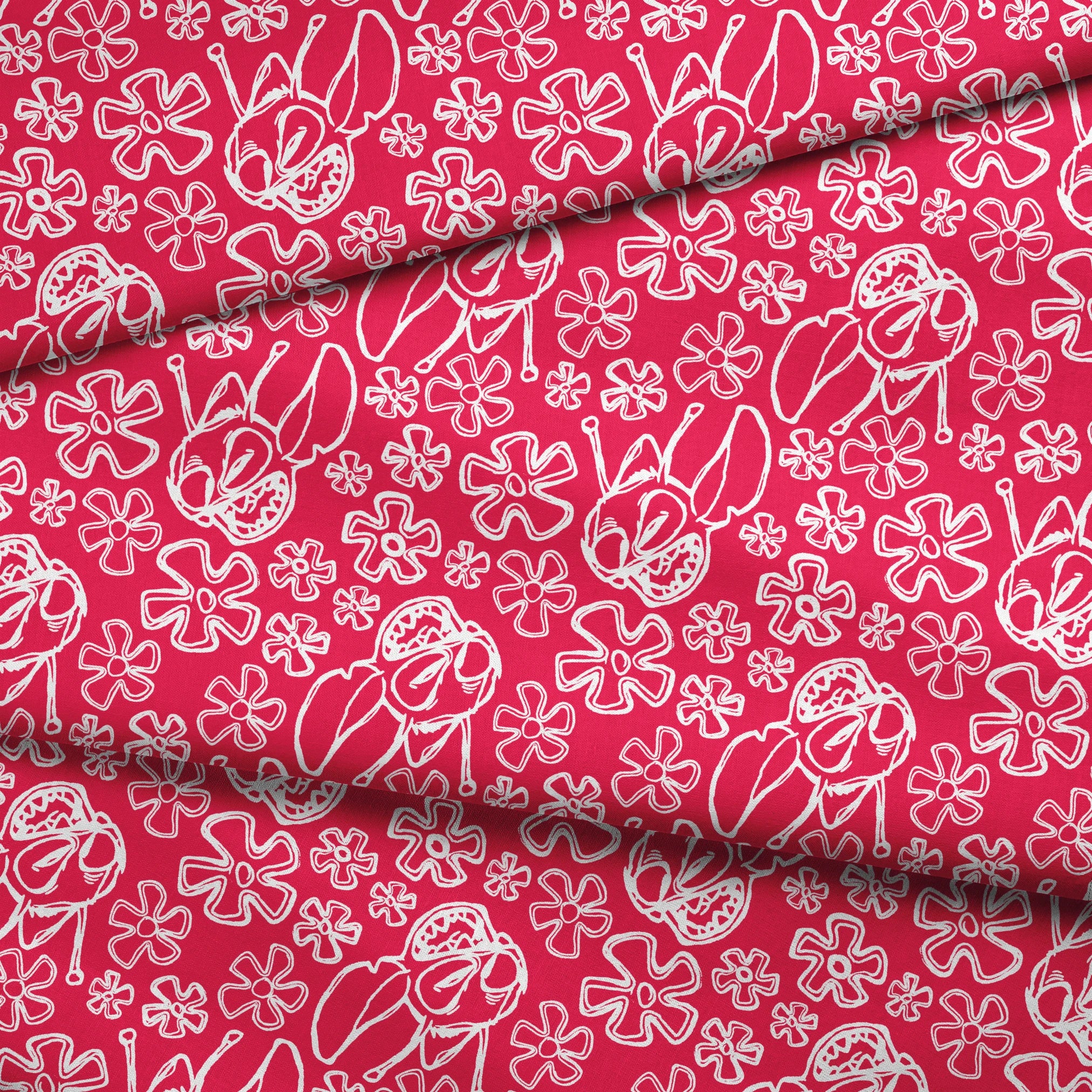 White flower doodles and Disney's Stitch on bright red background, hand-drawn style pattern fabric fold mockup