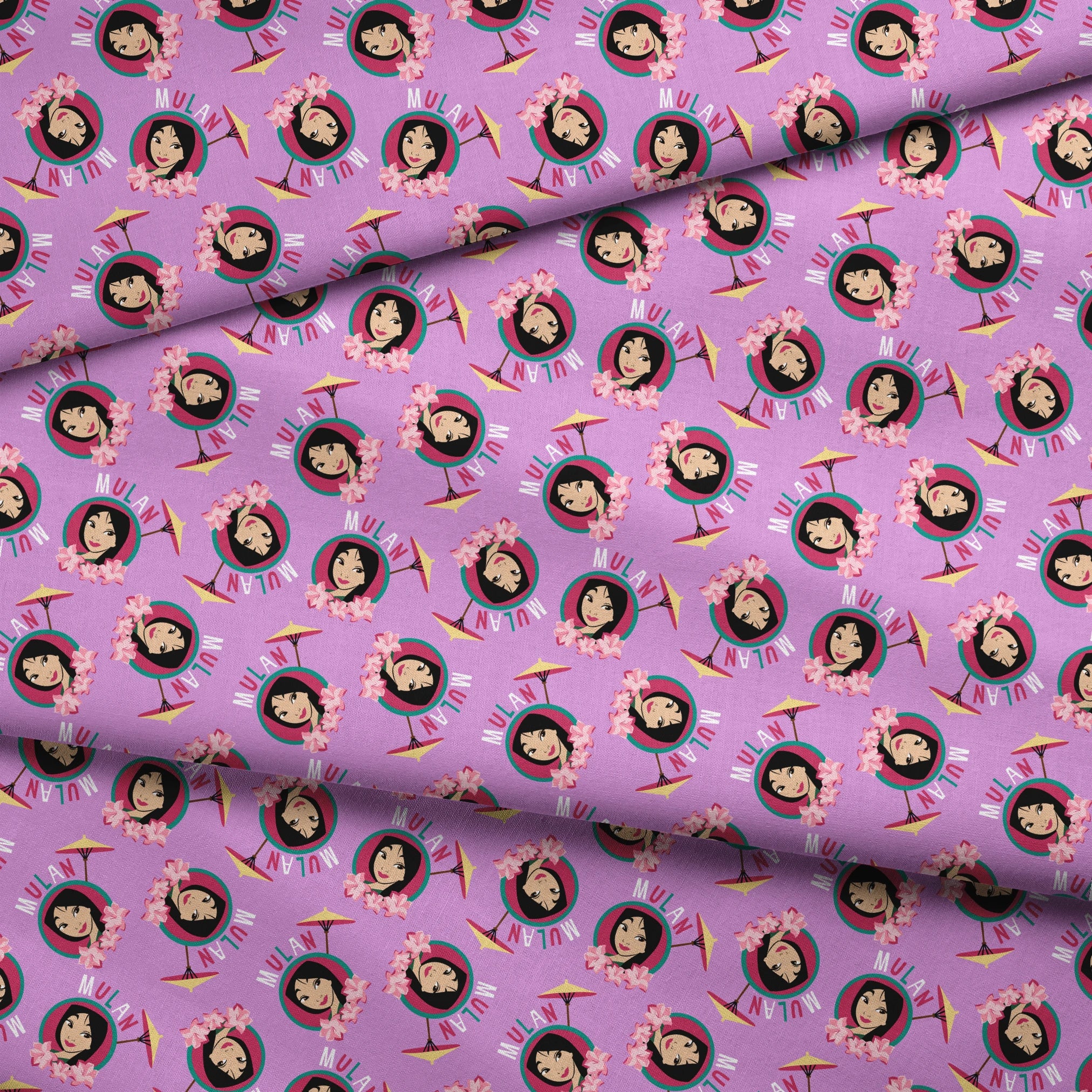 Animated character portrait pattern on purple background with pink flowers and yellow parasols fabric fold mockup