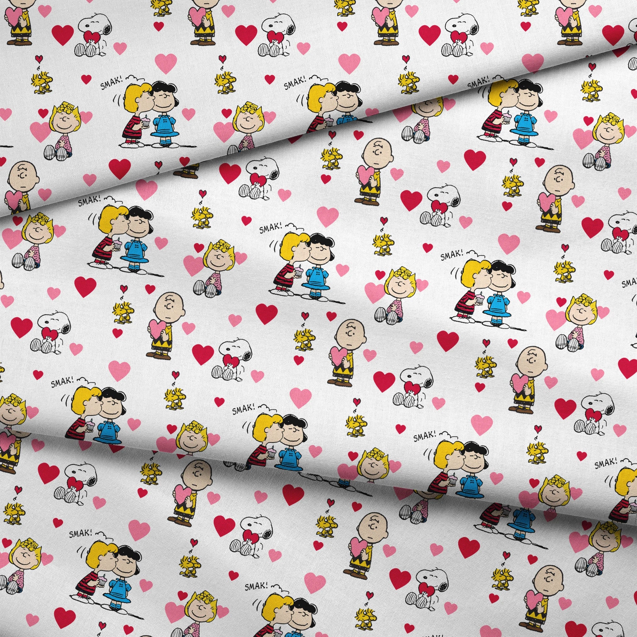 Peanuts cartoon characters with heart motifs, featuring Snoopy, Woodstock, and others in a Valentine's theme fabric fold mockup
