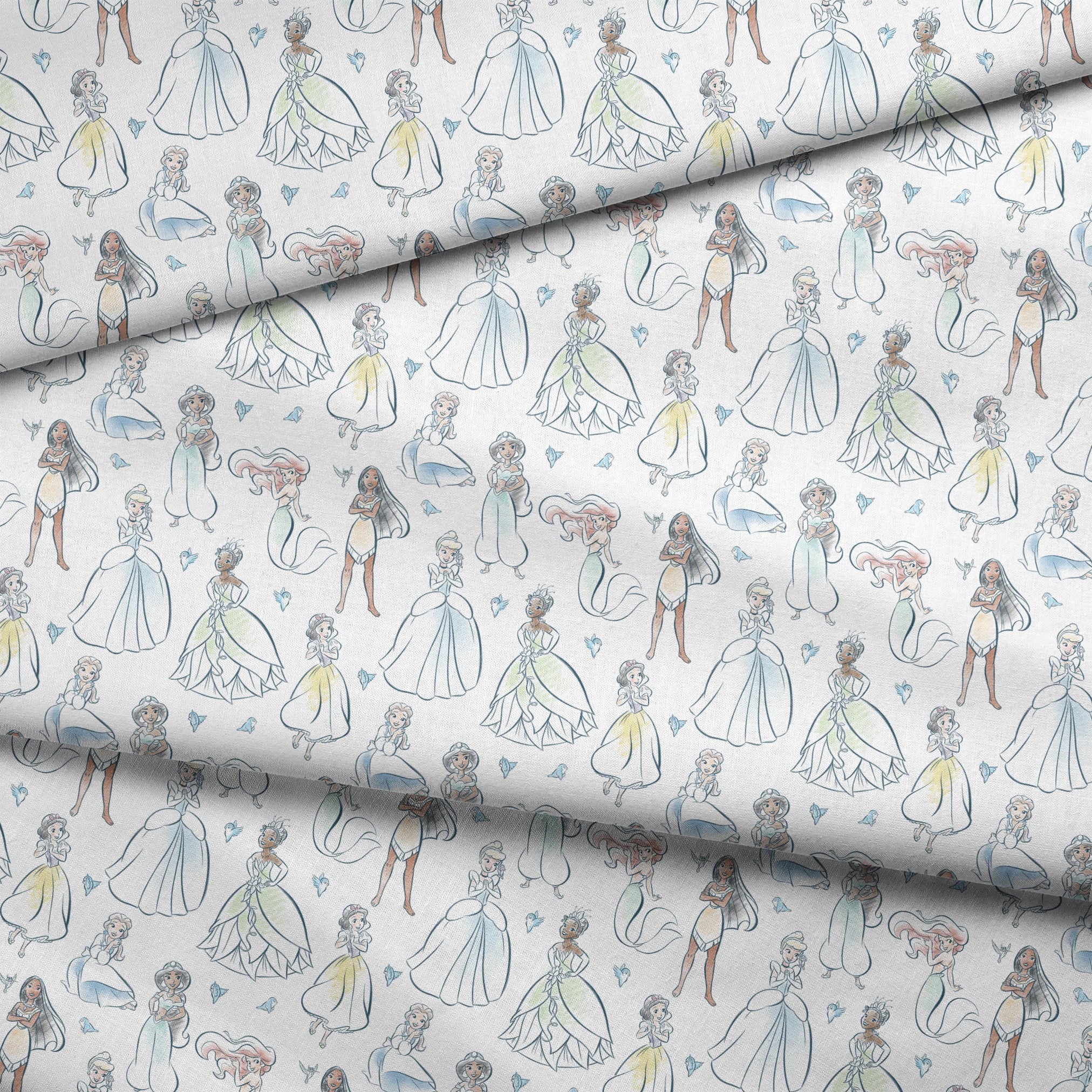 Illustrated pattern of Disney princesses in elegant dresses with sparkles on light background fabric fold mockup