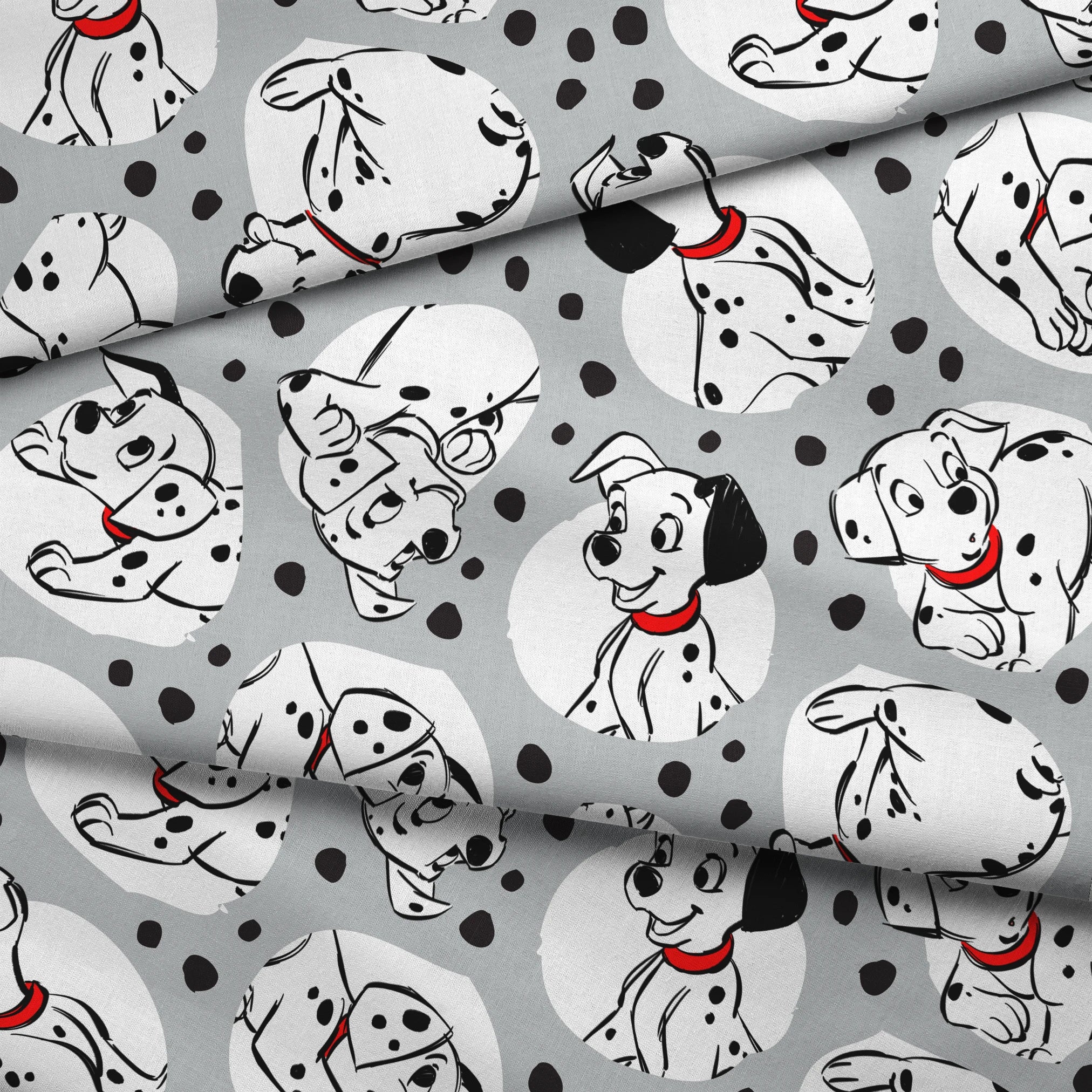 Cartoon Dalmatian dogs with red collars on gray background with black spots pattern fabric fold mockup