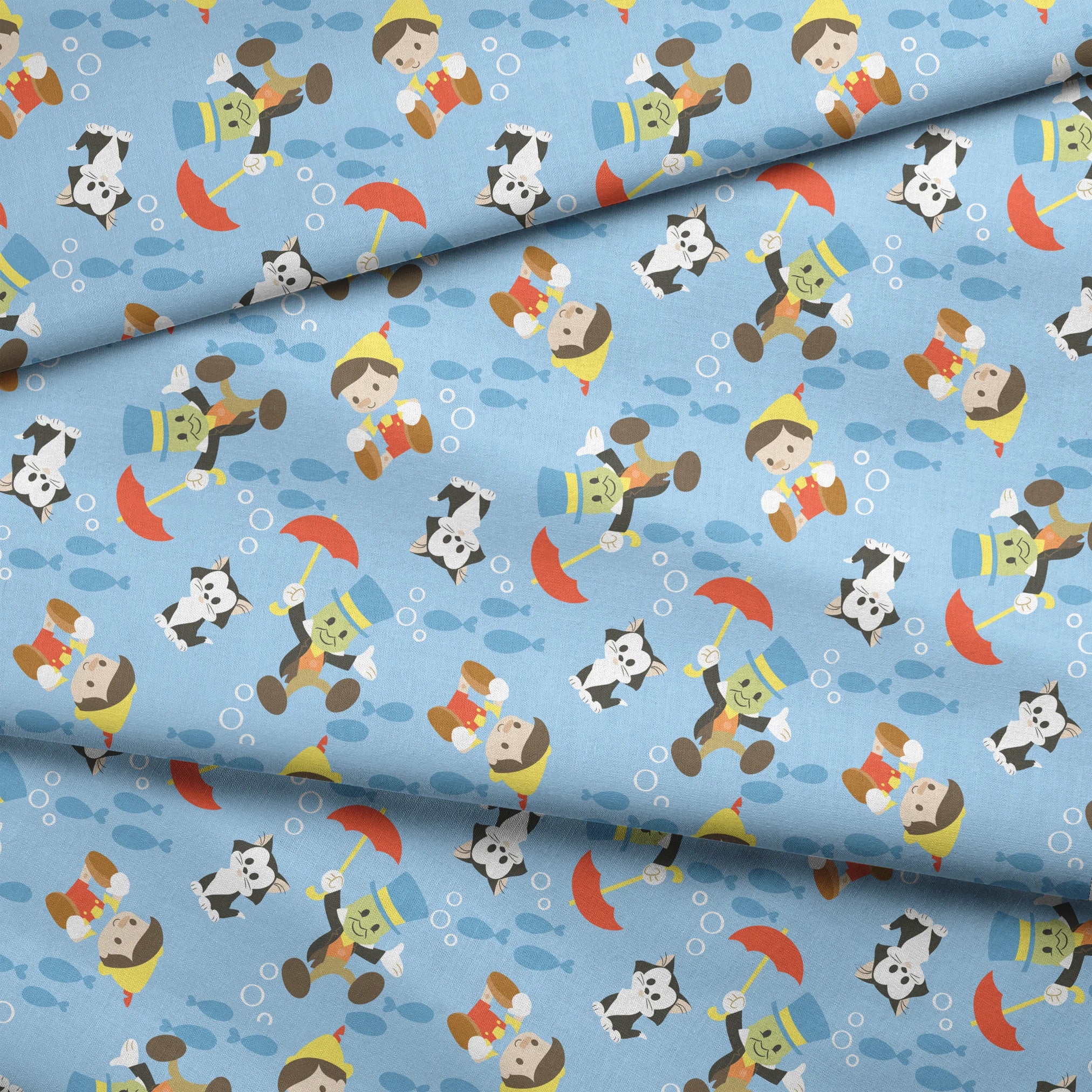 Cartoon animals swimming underwater with fish, bubbles, and snorkeling gear on blue background fabric fold mockup