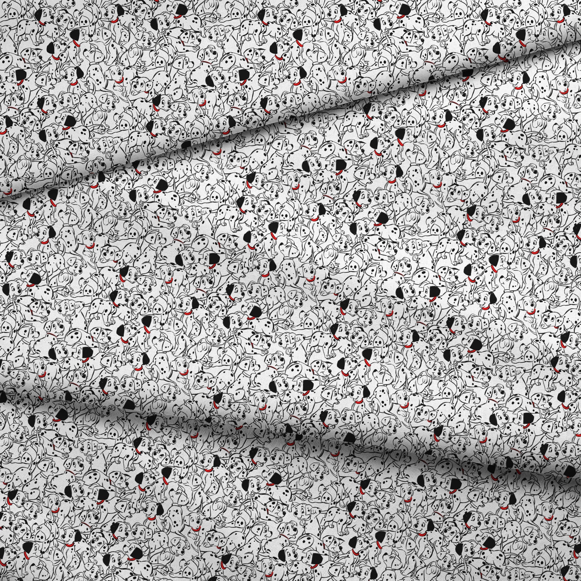 A densely packed pattern of Dalmatian puppies with black spots and red collars, creating a whimsical black and white illustration. fabric fold mockup