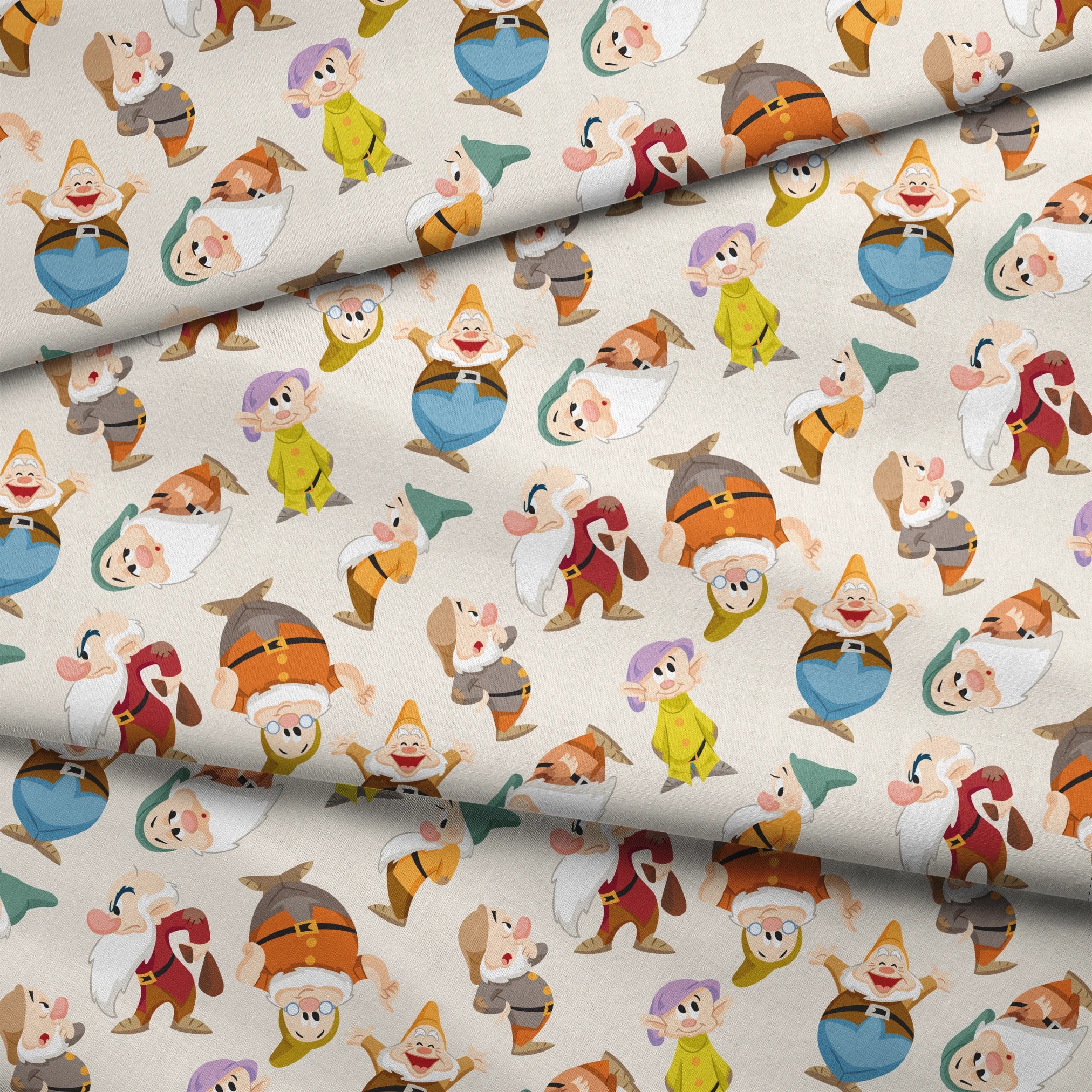 Colorful pattern of small cartoon dwarfs in different colored outfits and hats scattered on cream background fabric fold mockup